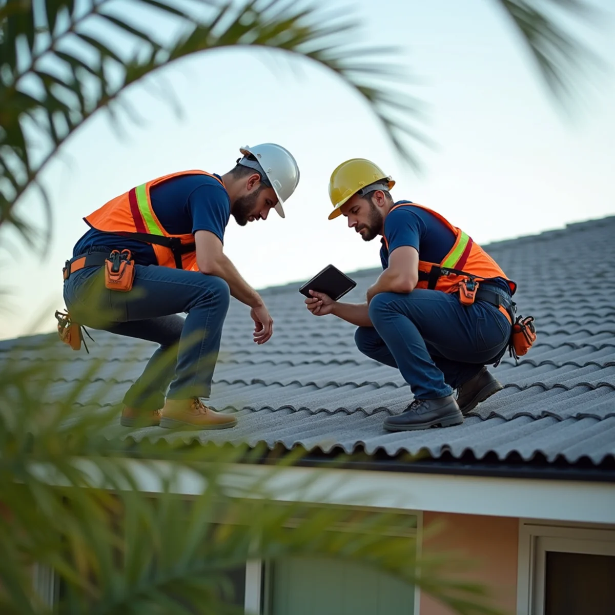 Rising Roof Services roofers walking a concrete tile roof during an inspection in Boca Raton, FL