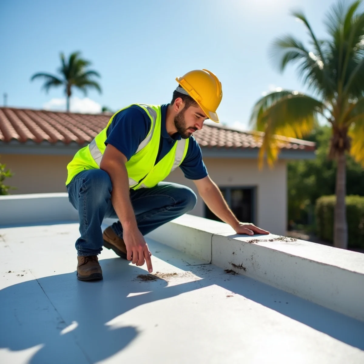 Roofer inspecting the flashing where a flat patio roof meets a tile roof on an older Florida home near Kings Point