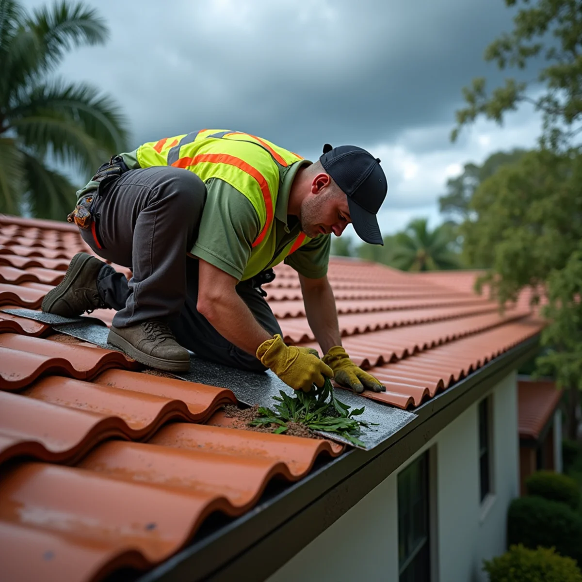 Roofer clearing leaves from a tile roof valley on a Coral Springs, FL home during rainy season