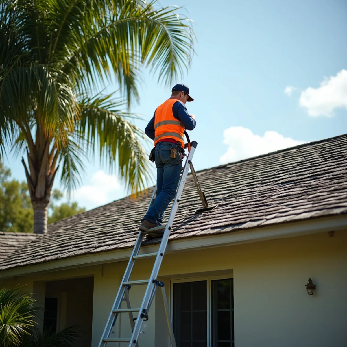 Weathered 20-year-old asphalt shingle roof with curling edges on a Greenacres, Florida block home