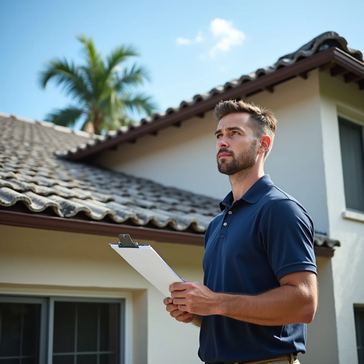Roof inspector examining an aging concrete tile roof on a Delray Beach home for an insurance inspection