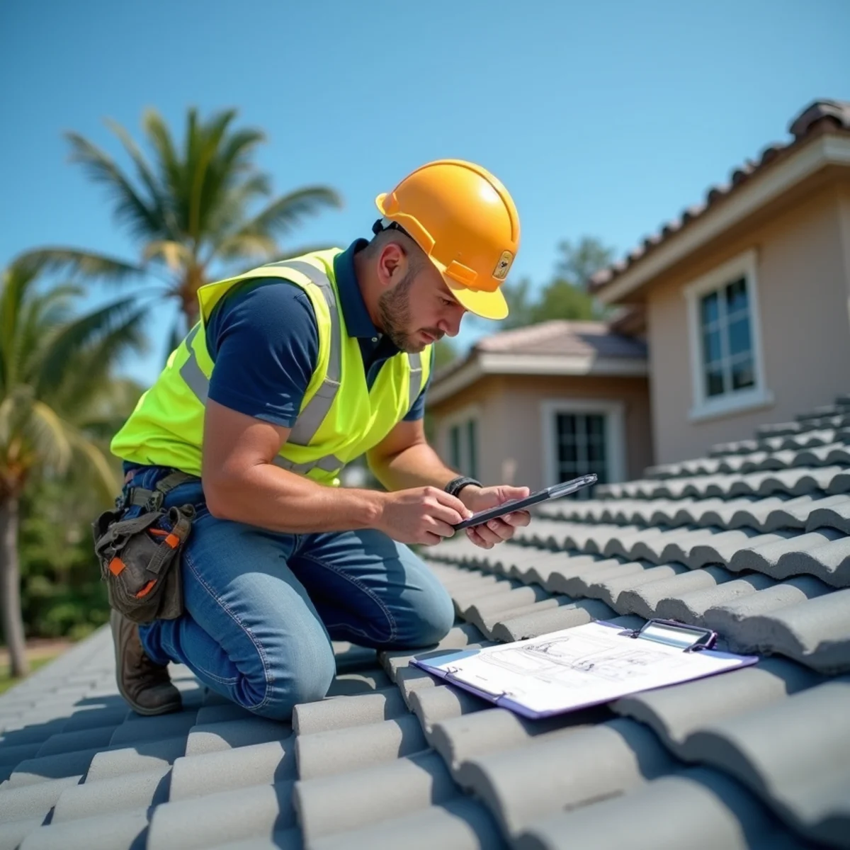 Roof inspector photographing a concrete tile roof slope on a Boca Raton home for an inspection report