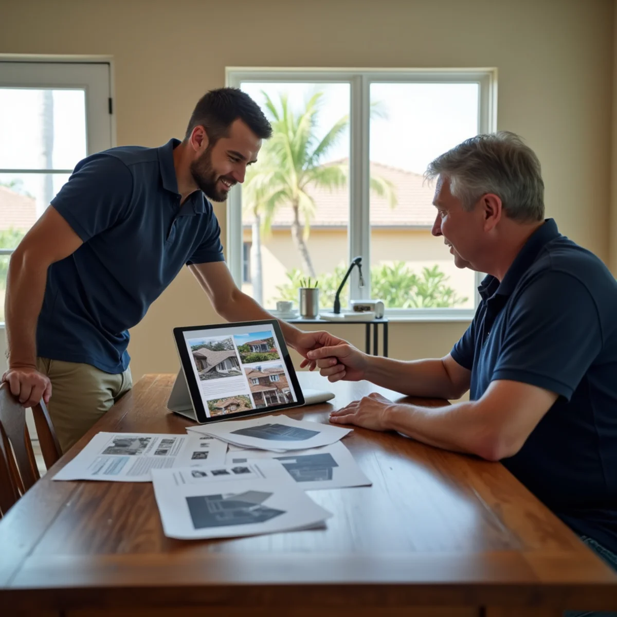 Homeowner reviewing roof damage photos and an insurance policy at a kitchen table in Palm Beach County