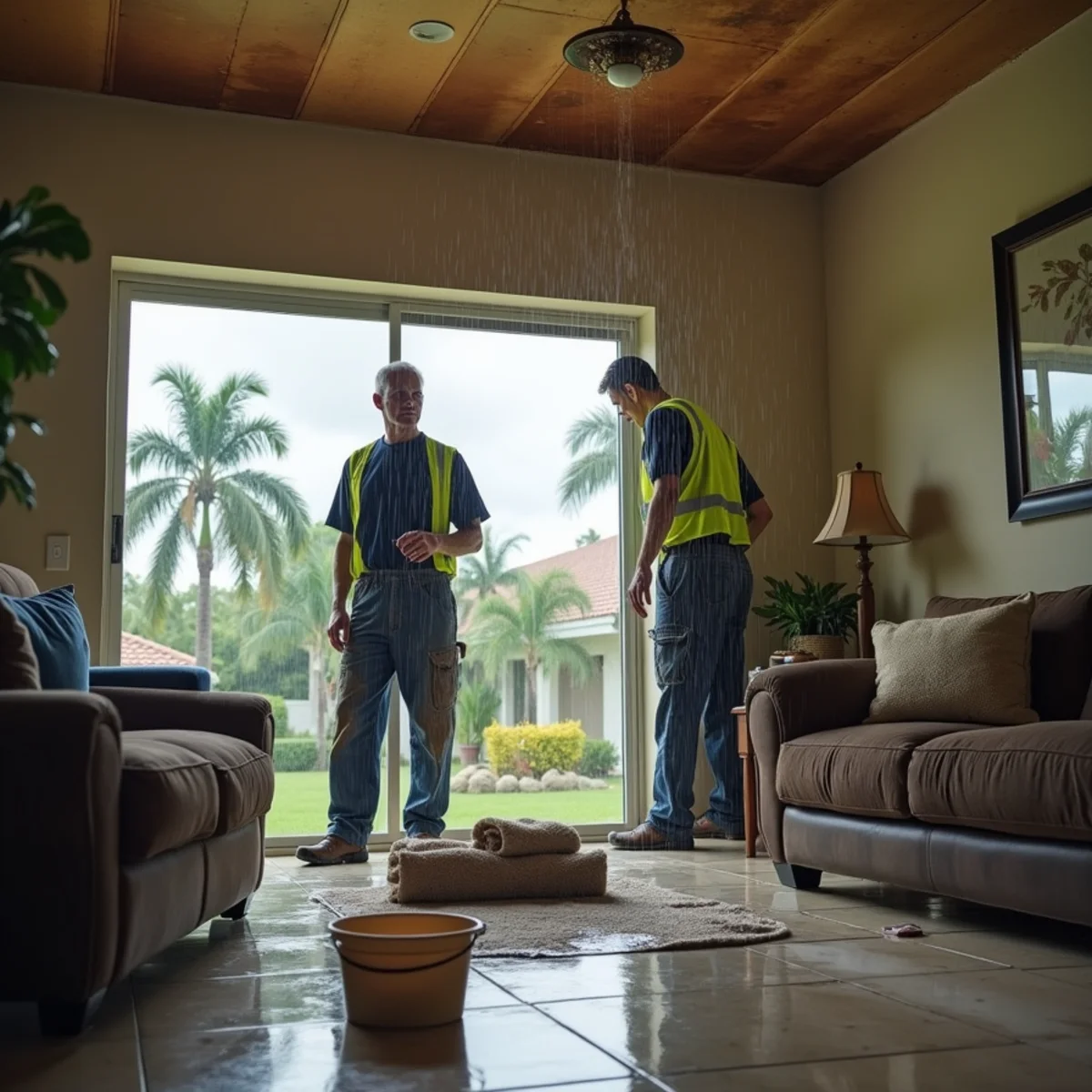 Water dripping from a stained ceiling into a bucket during a rainstorm in a Boca Raton home