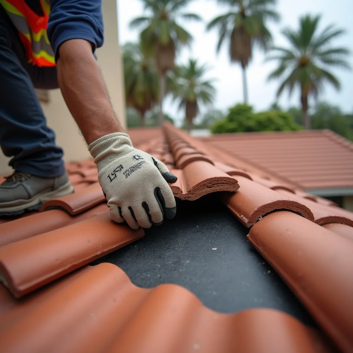 Roofer replacing broken concrete barrel tiles on a Boca Raton tile roof repair