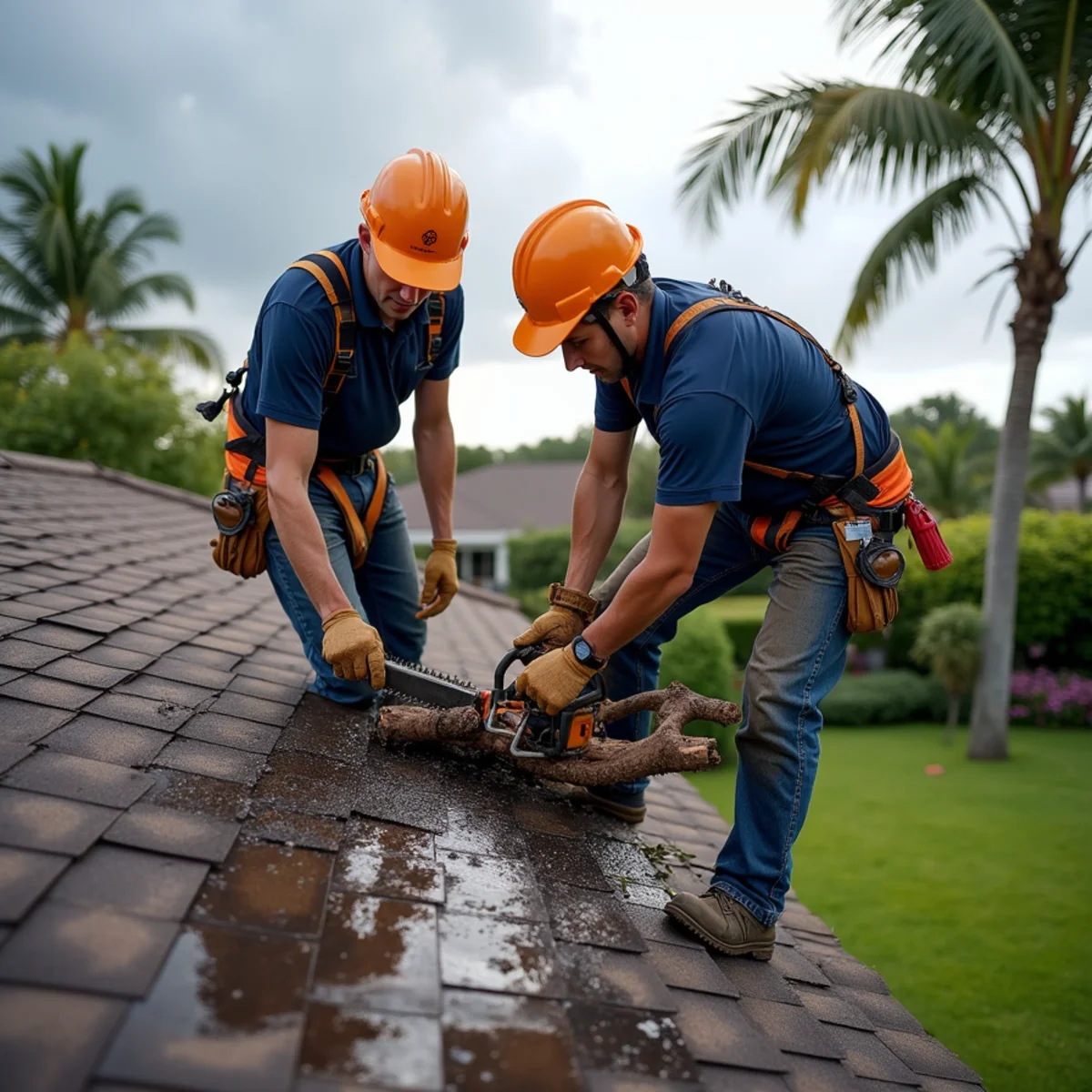 Roofers clearing a fallen tree limb from a storm-damaged shingle roof in Boca Raton