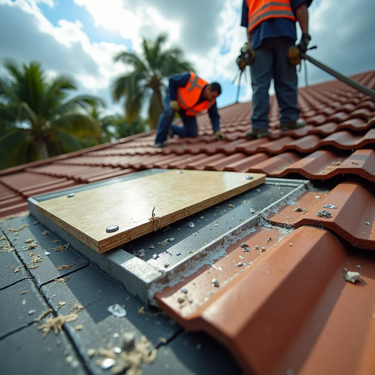 Temporary plywood and membrane cover sealing a storm-broken skylight on a Boca Raton roof