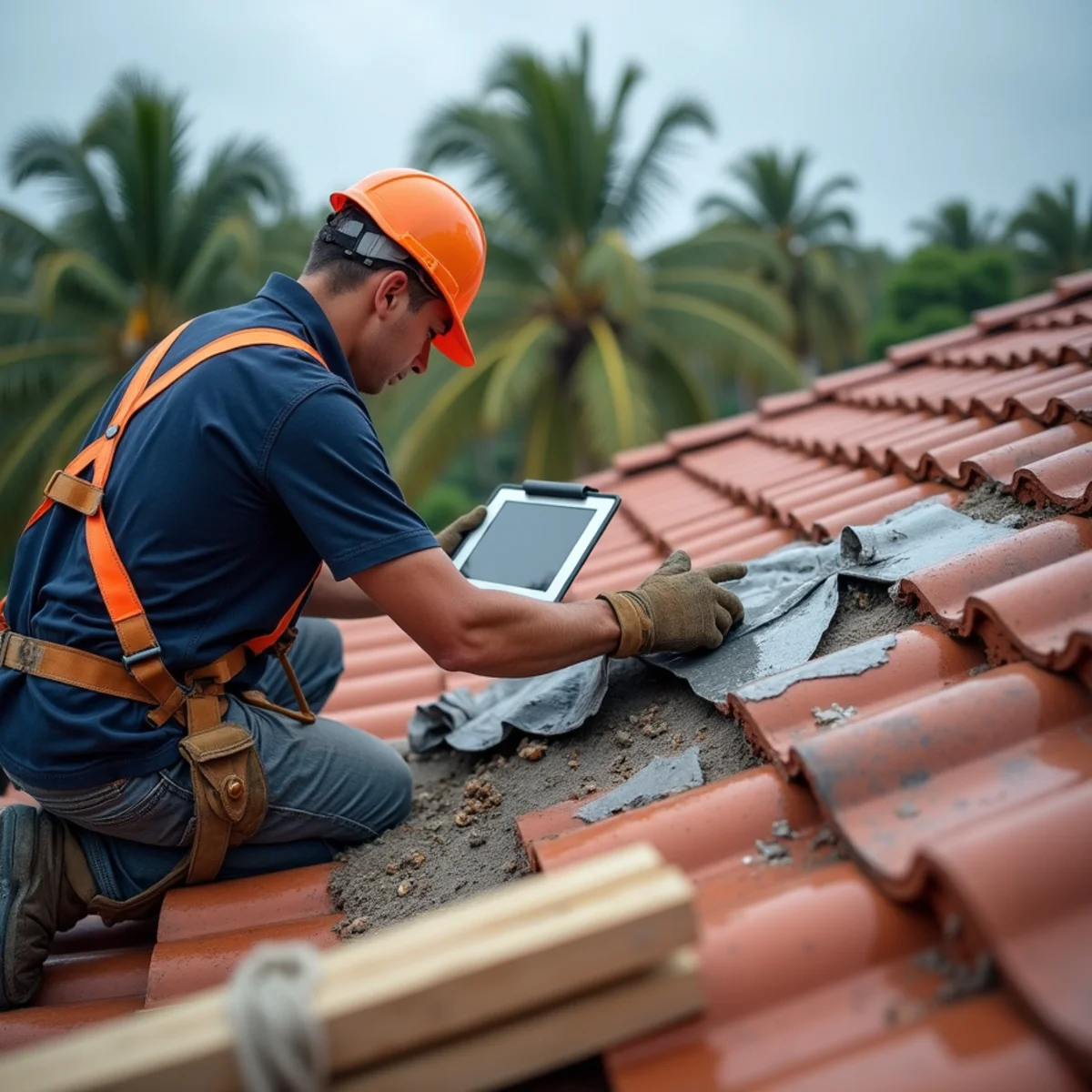 Roofer photographing storm damage on a tile roof before tarping it in Boca Raton