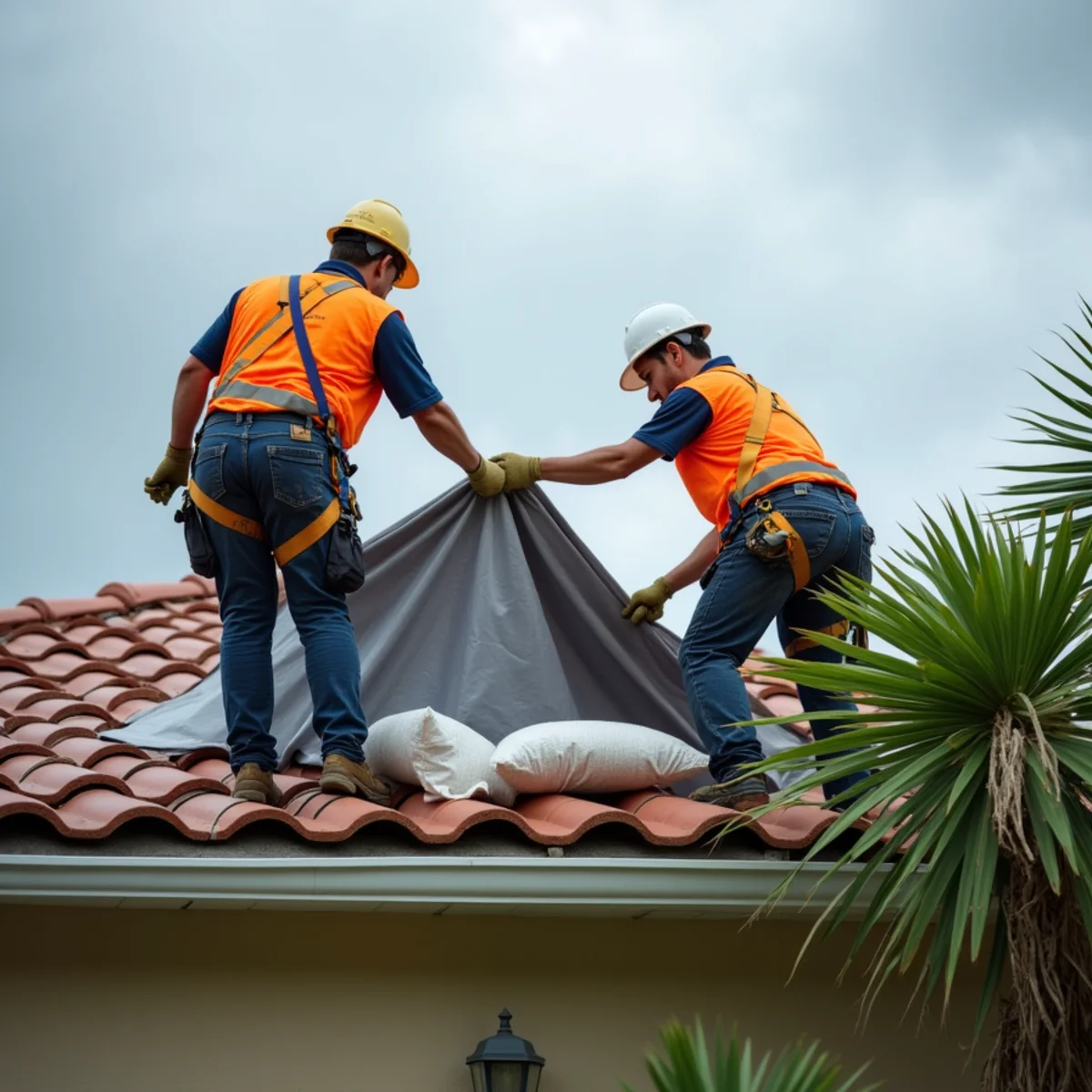 Roofers securing a heavy-duty tarp with wood battens and sandbags over a damaged tile roof in Boca Raton, FL