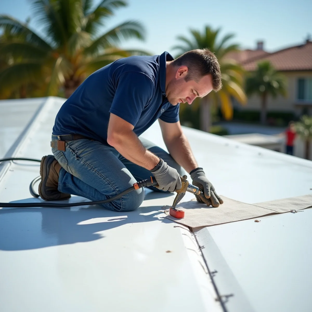 Roofer heat-welding a split TPO seam on a flat Florida room roof in Boca Raton