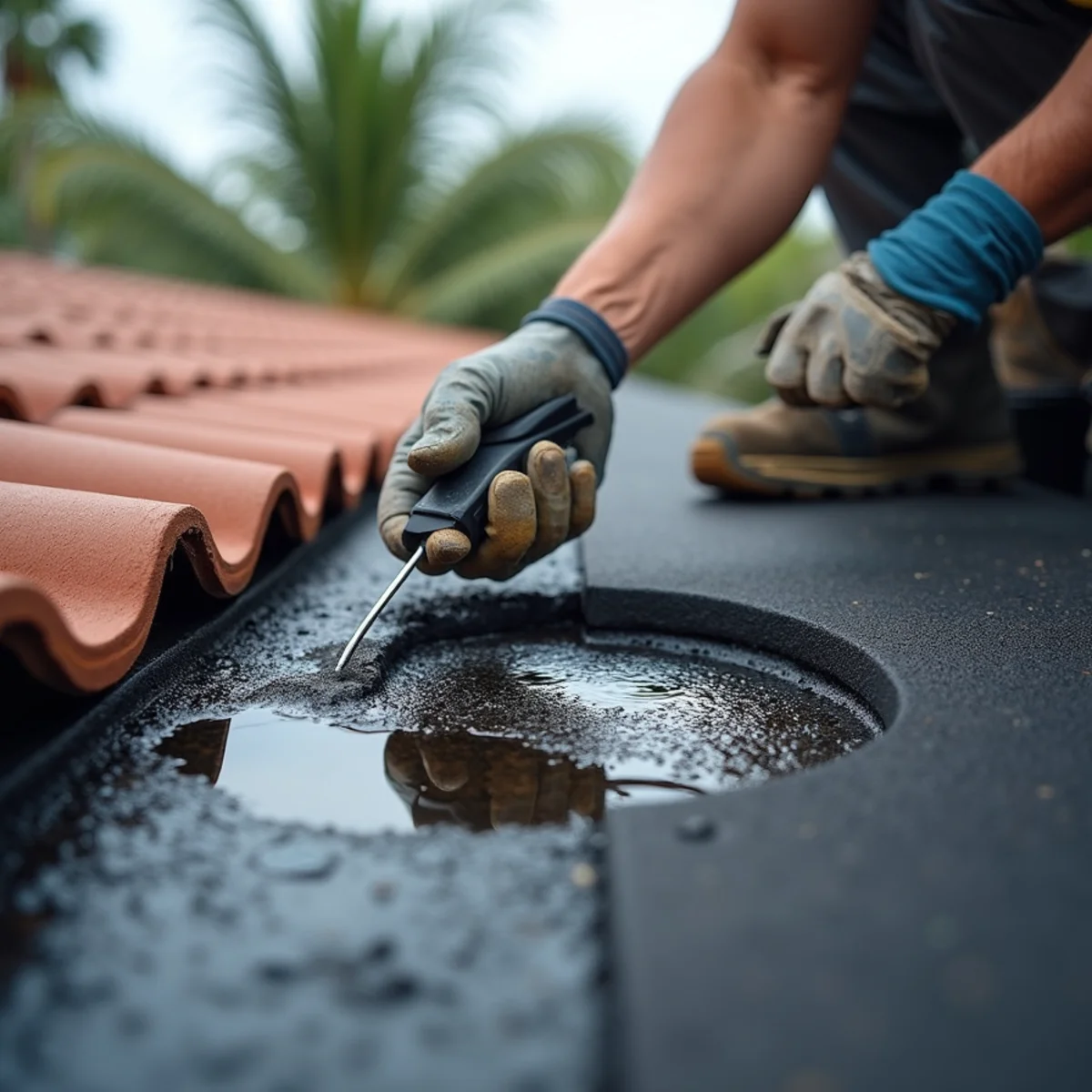 Moisture meter testing a blistered flat roof near ponding water on a West Boca Raton home