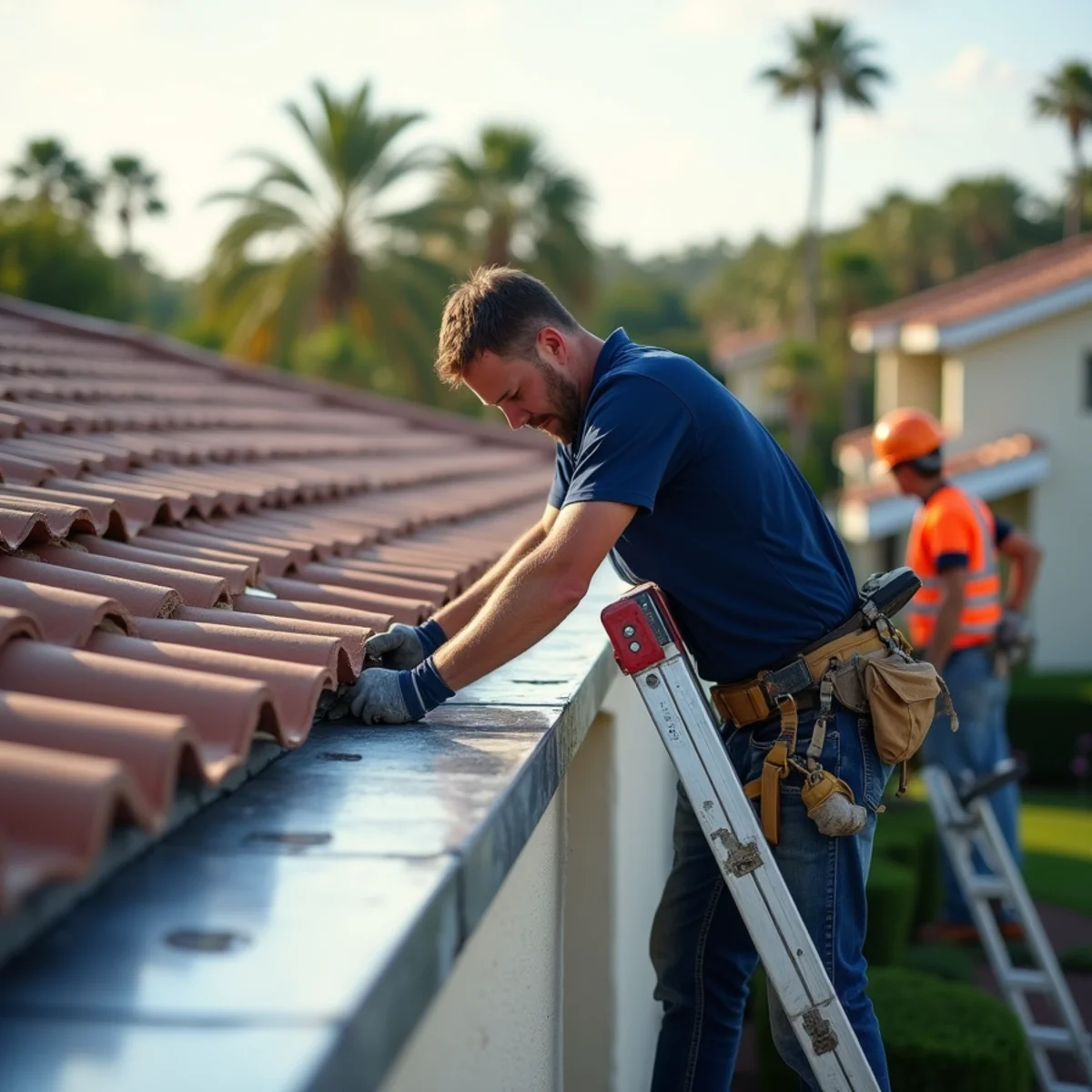 Roofers rebuilding party-wall flashing between two attached villas in a West Boca Raton community