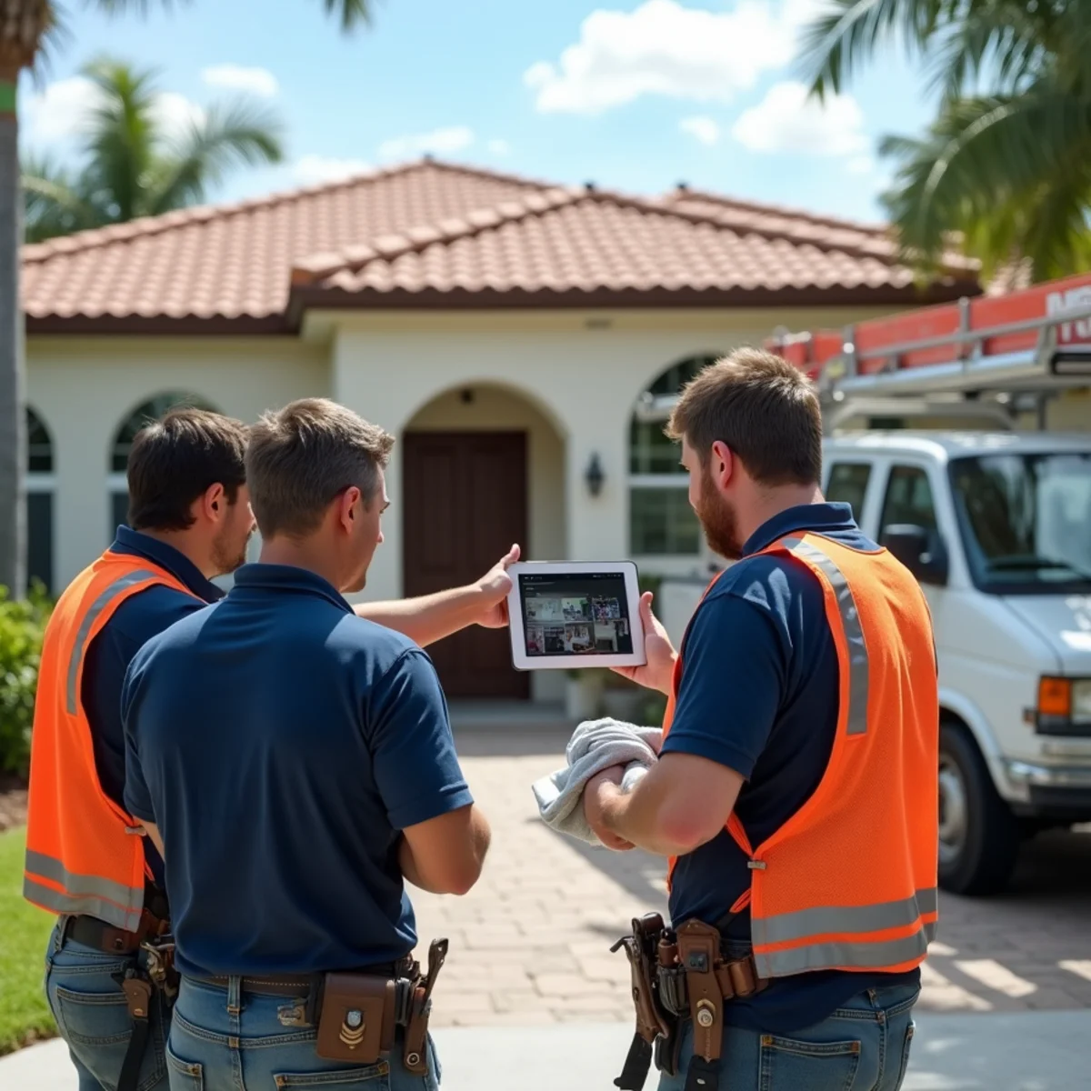 Rising Roof Services crew reviewing a roof photo report with a Boca Raton homeowner