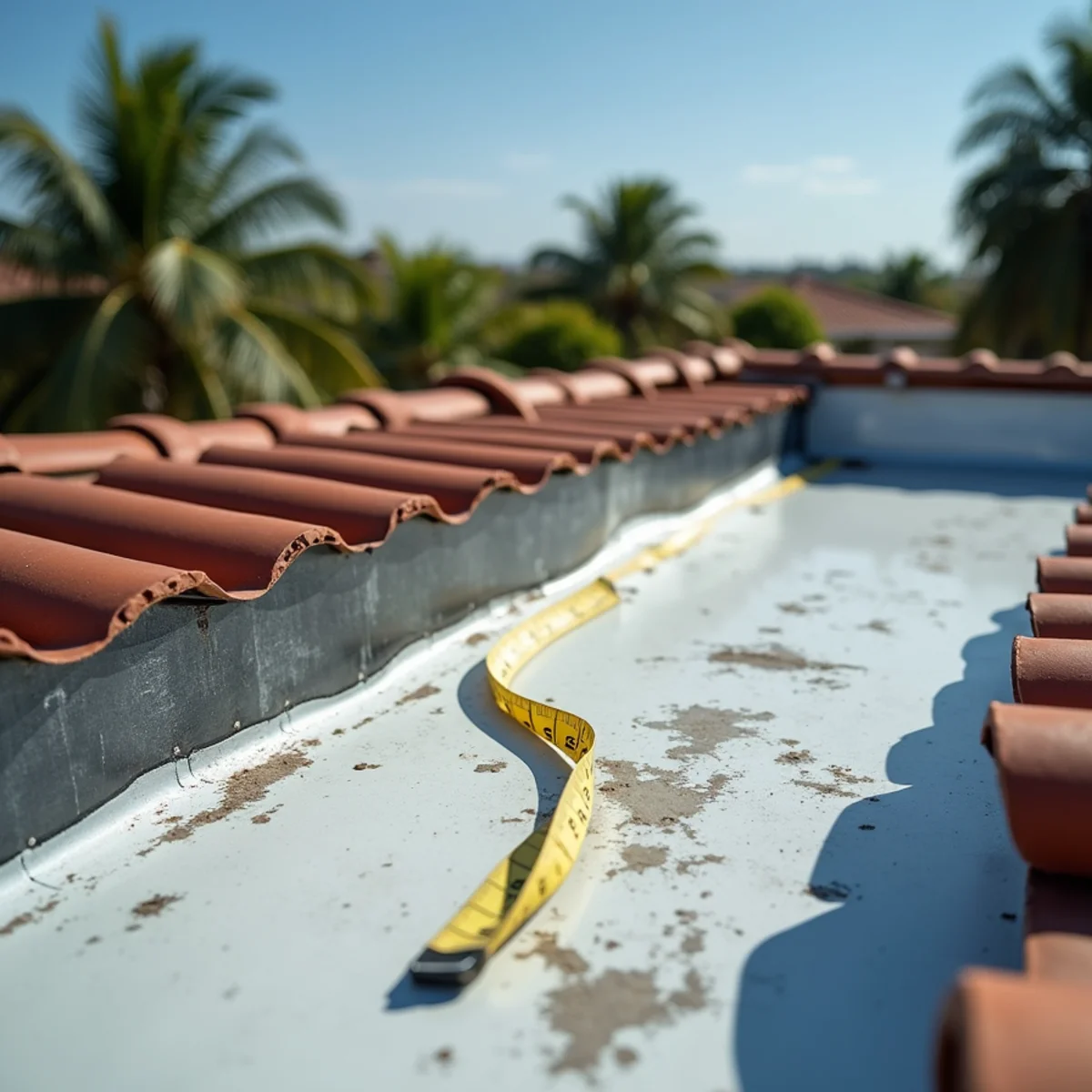 Measuring worn membrane on a flat patio roof beside barrel tile after a storm in Boca Raton, FL