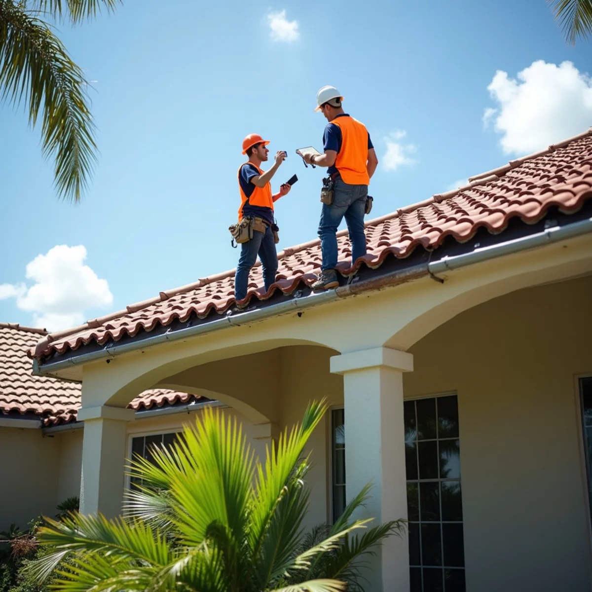 Roofing crew assessing hurricane damage with displaced concrete tile and exposed underlayment on a West Boca Raton, FL home
