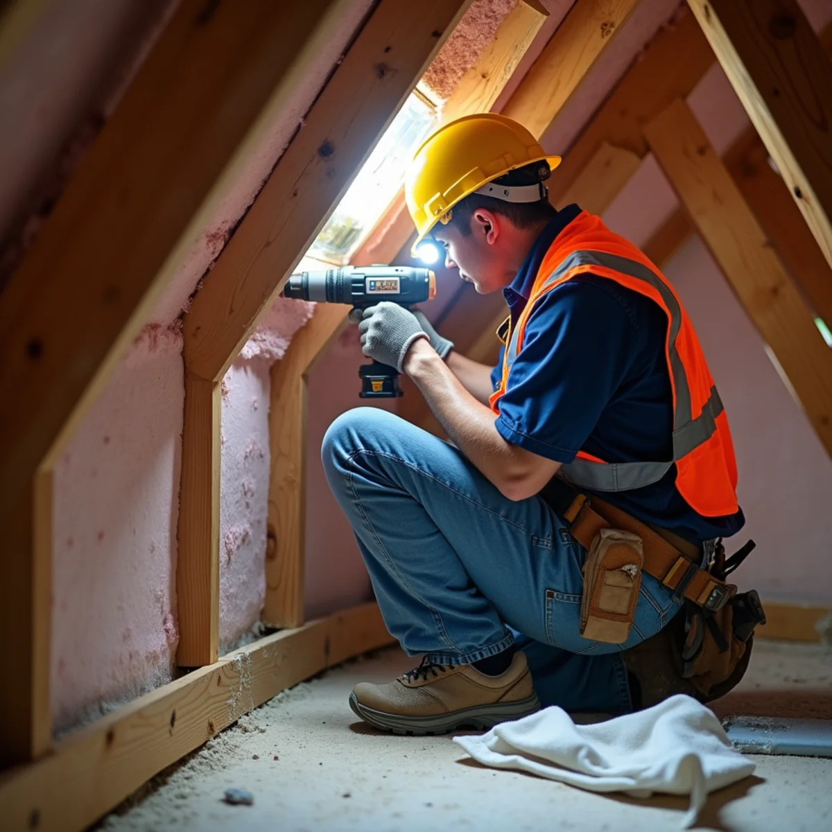 Roofer installing a hurricane strap at a roof-to-wall connection in a Boca Raton attic
