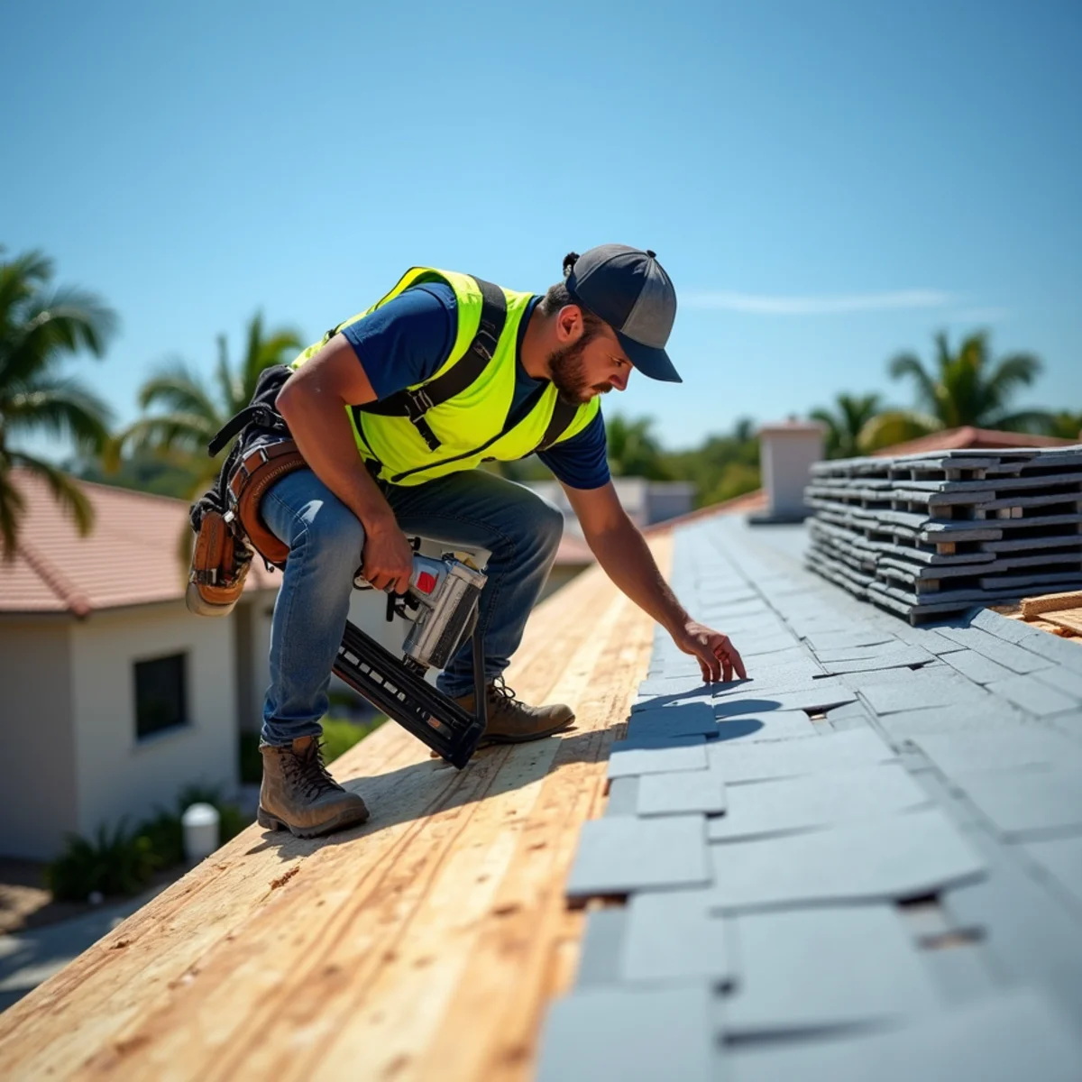 Roofer re-nailing plywood roof deck with ring-shank nails before peel-and-stick underlayment on a Boca Raton, FL re-roof
