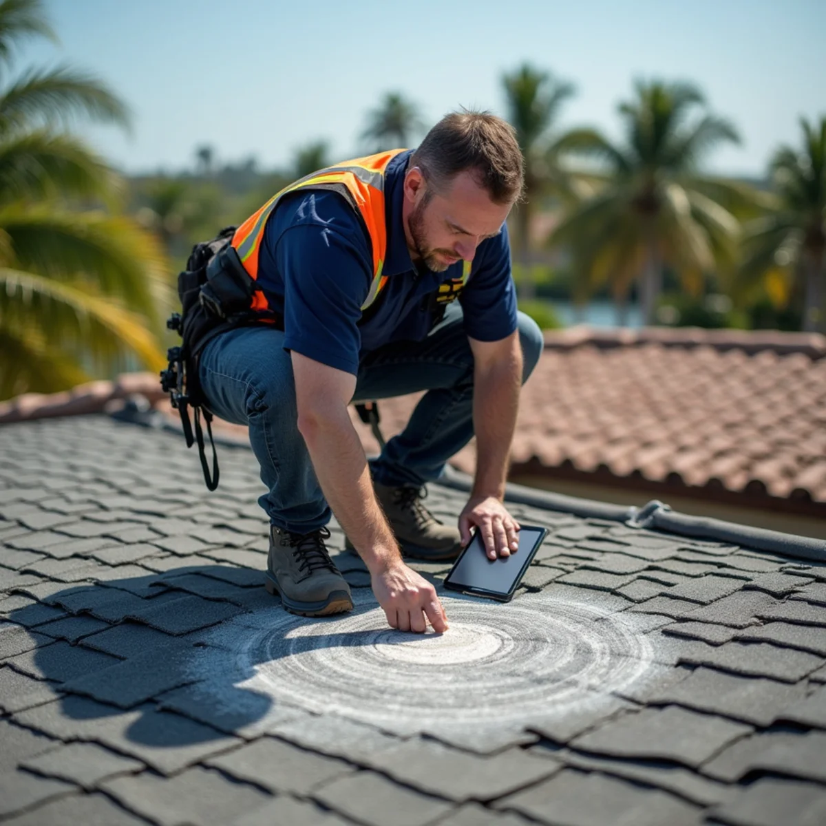 Inspector testing a soft roof deck spot during a pre-listing roof inspection in Boca Raton