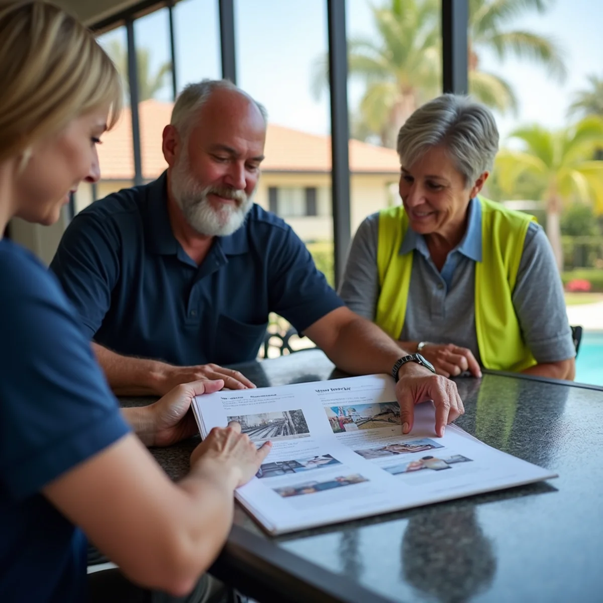 Home seller reviewing a printed pre-listing roof report with photos on a Boca Raton lanai