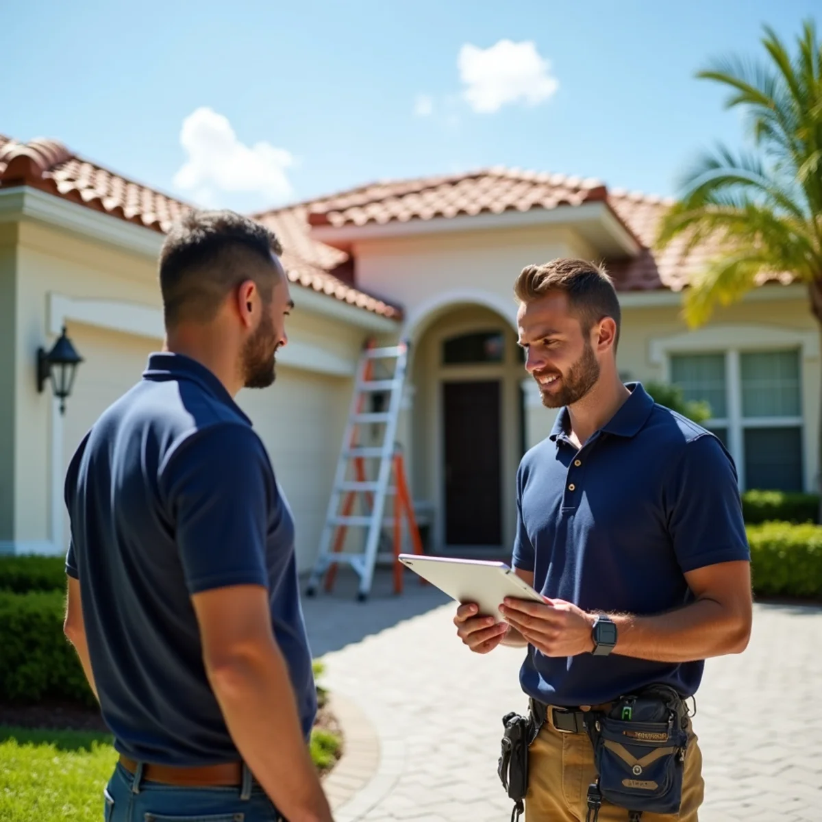 Roof inspector reviewing a photo report with a homeowner beside a tile-roofed home for sale in Boca Raton, FL