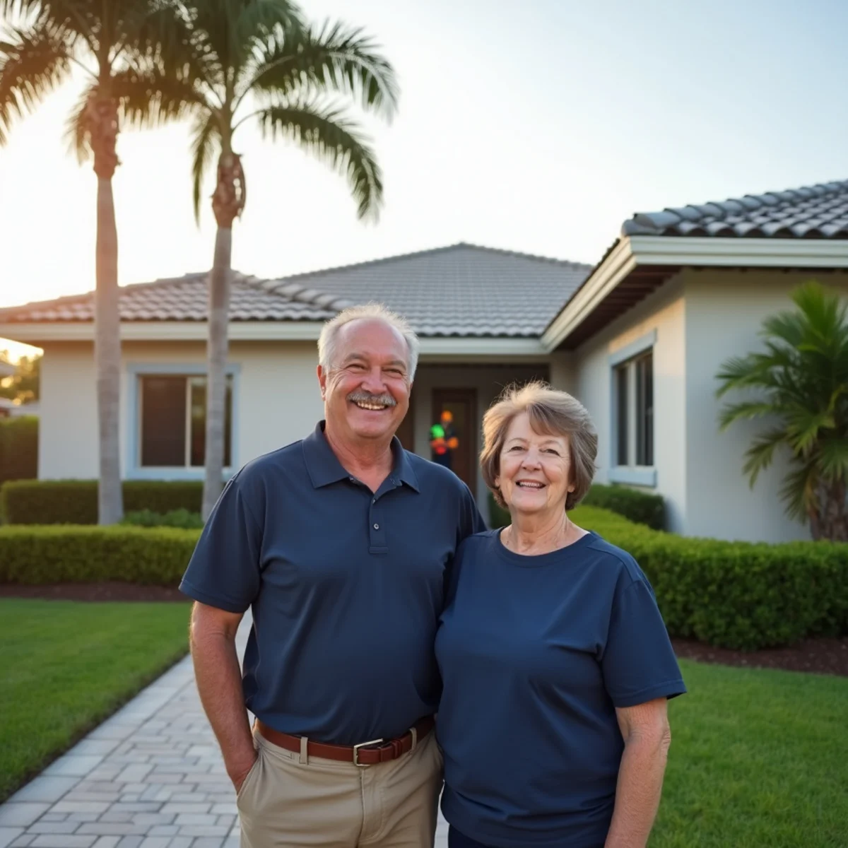 Happy Boca Raton homeowners in front of their newly replaced tile roof