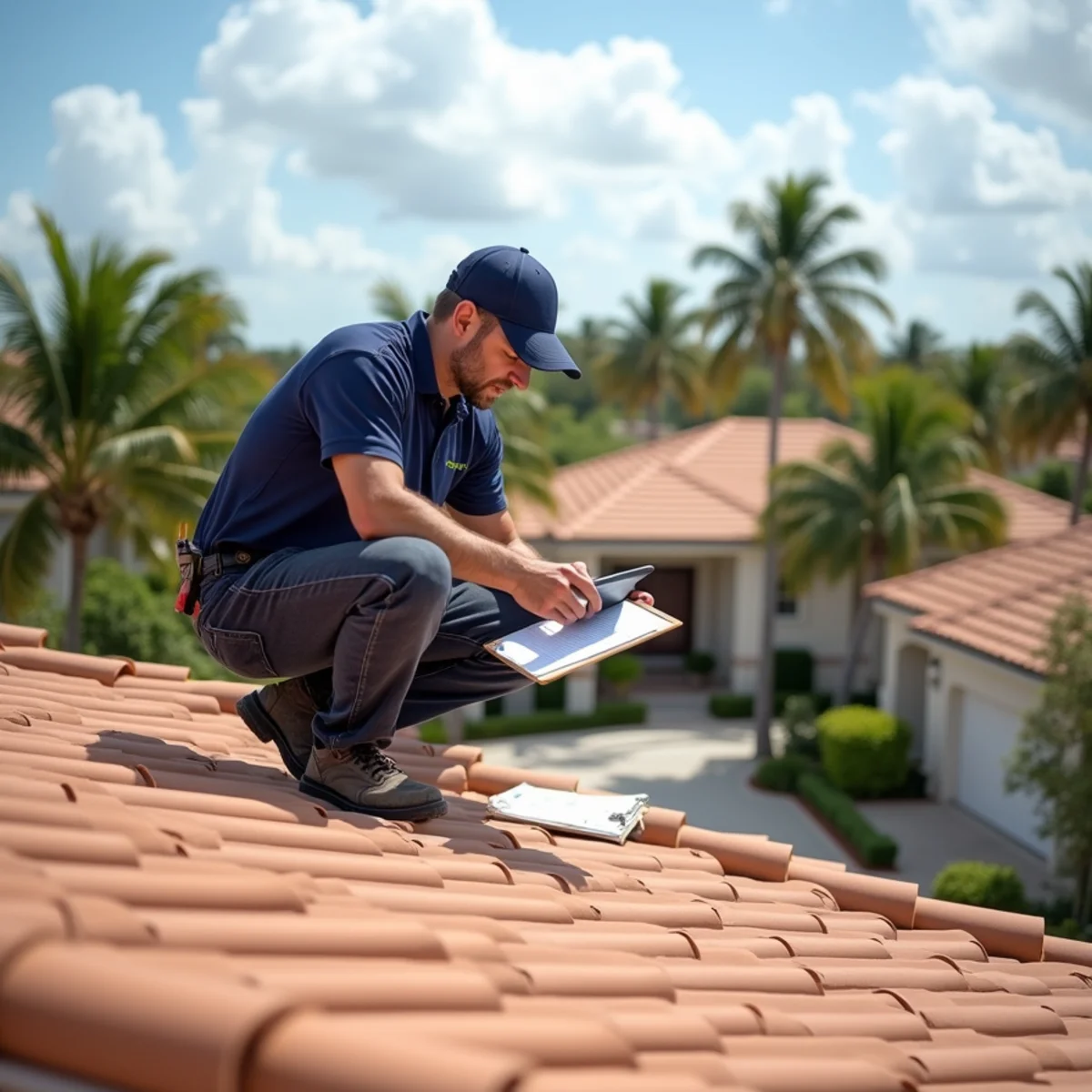 Roof inspector photographing flashing on a concrete tile roof during a roof inspection in Boca Raton, FL