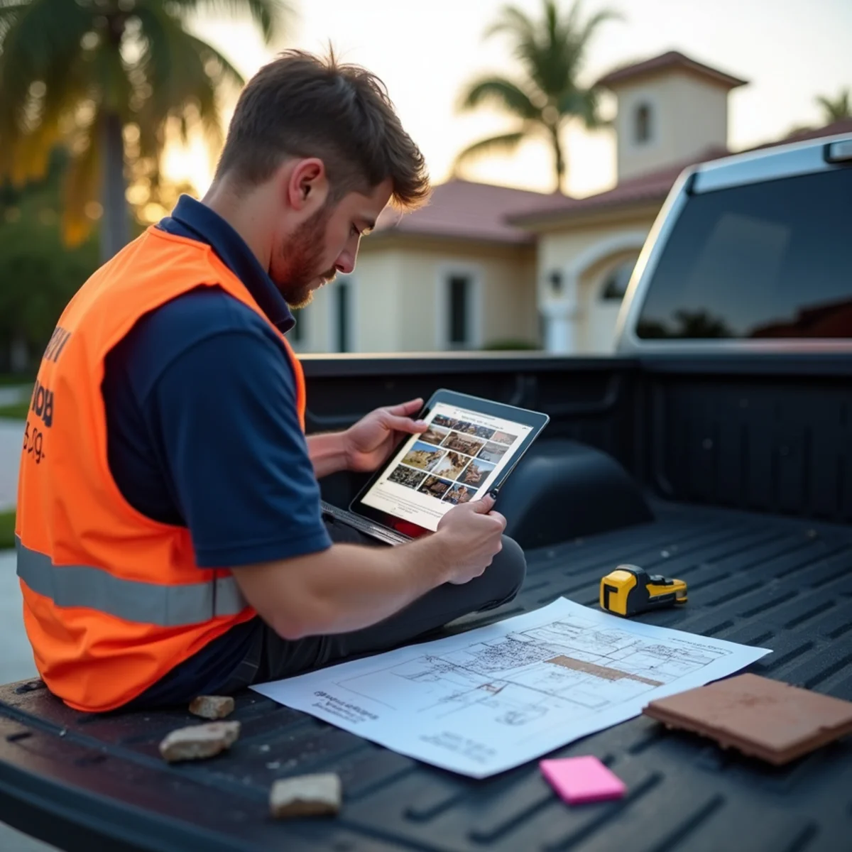 Roofer organizing roof damage photos into a claim documentation report in Boca Raton