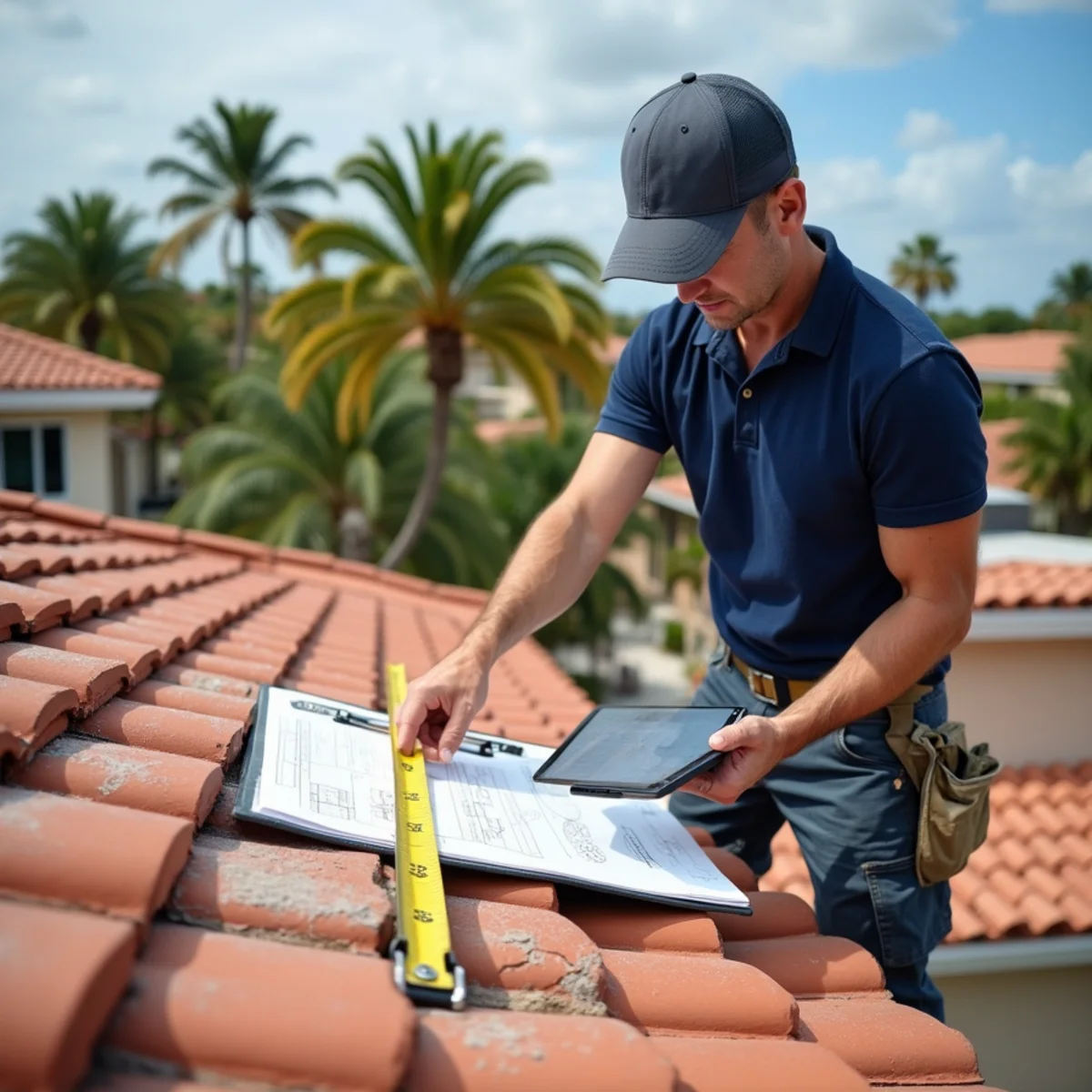 Roofing contractor measuring and photographing storm-damaged tile for an insurance claim on a Boca Raton, FL home