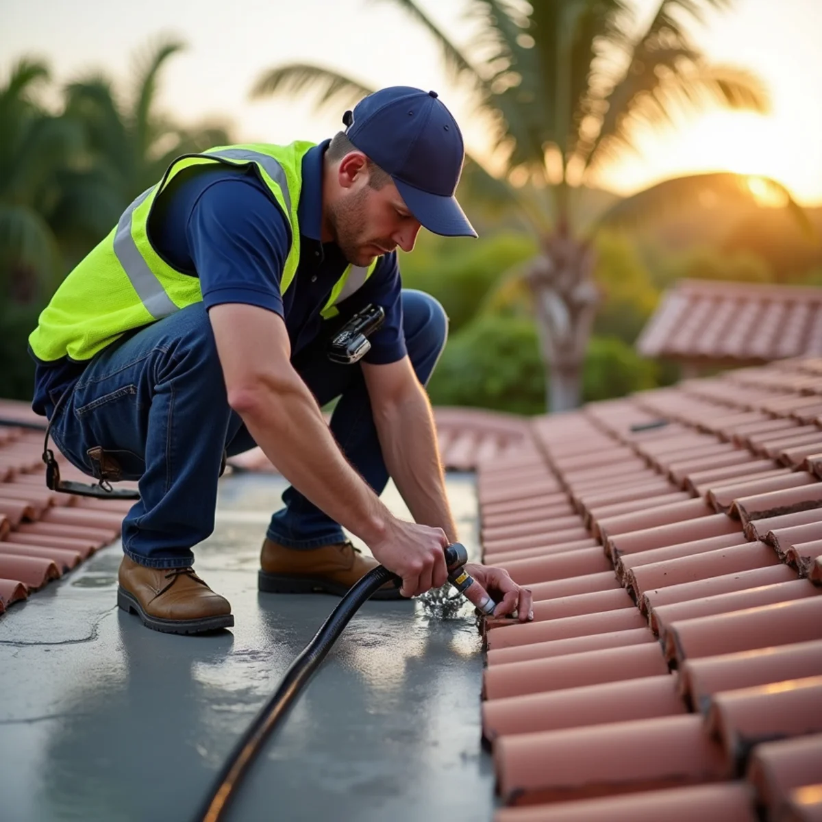 Roofer water-testing wall flashing with a garden hose to trace a roof leak in Boca Raton