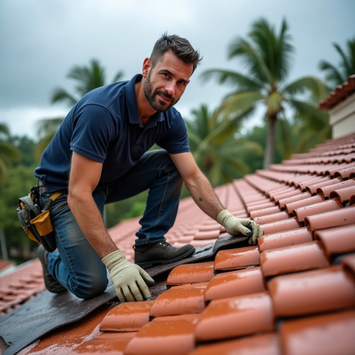 Roofer replacing a cracked pipe boot to stop a roof leak on a tile roof in Boca Raton, FL