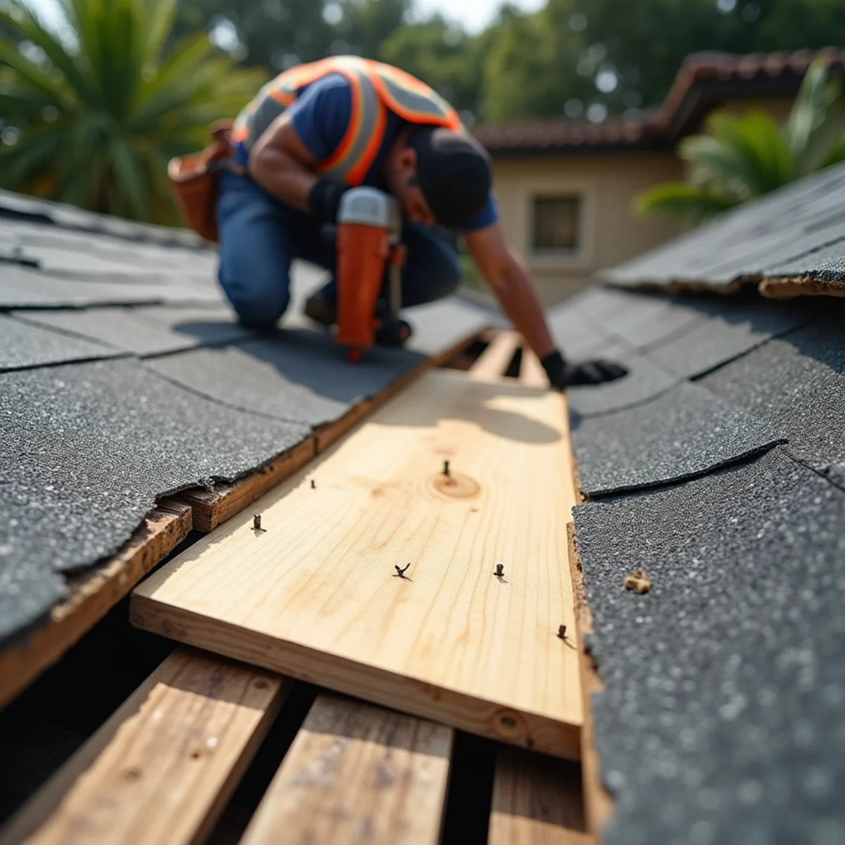 Rotted roof deck boards replaced with new plywood during a shingle roof repair in Boca Raton