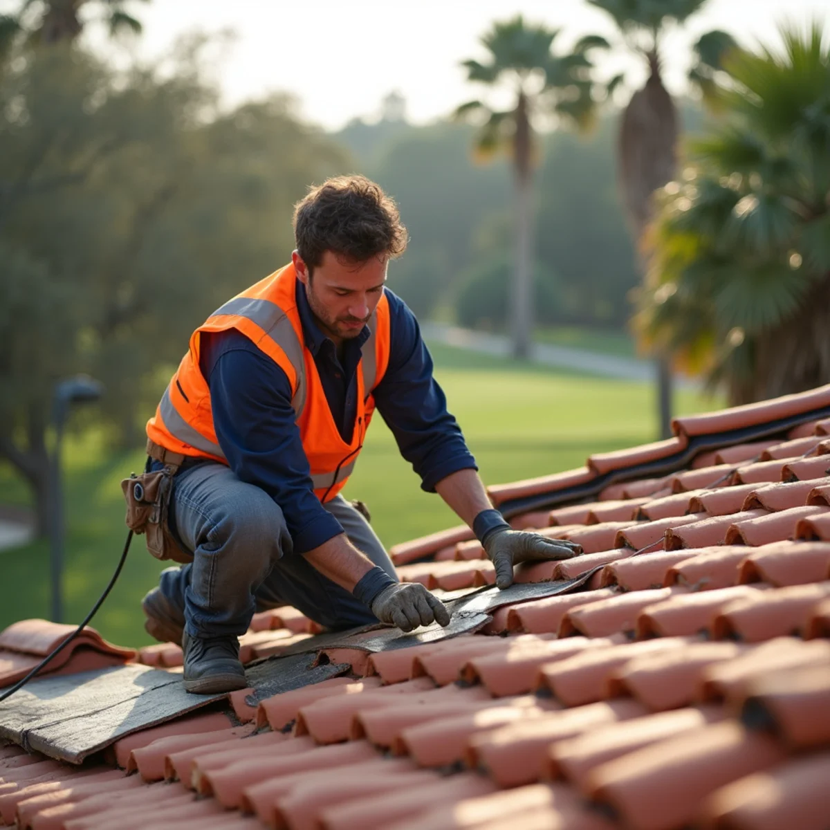 Roofer repairing the tile-to-flat roof transition on a custom home in Atlantis, FL