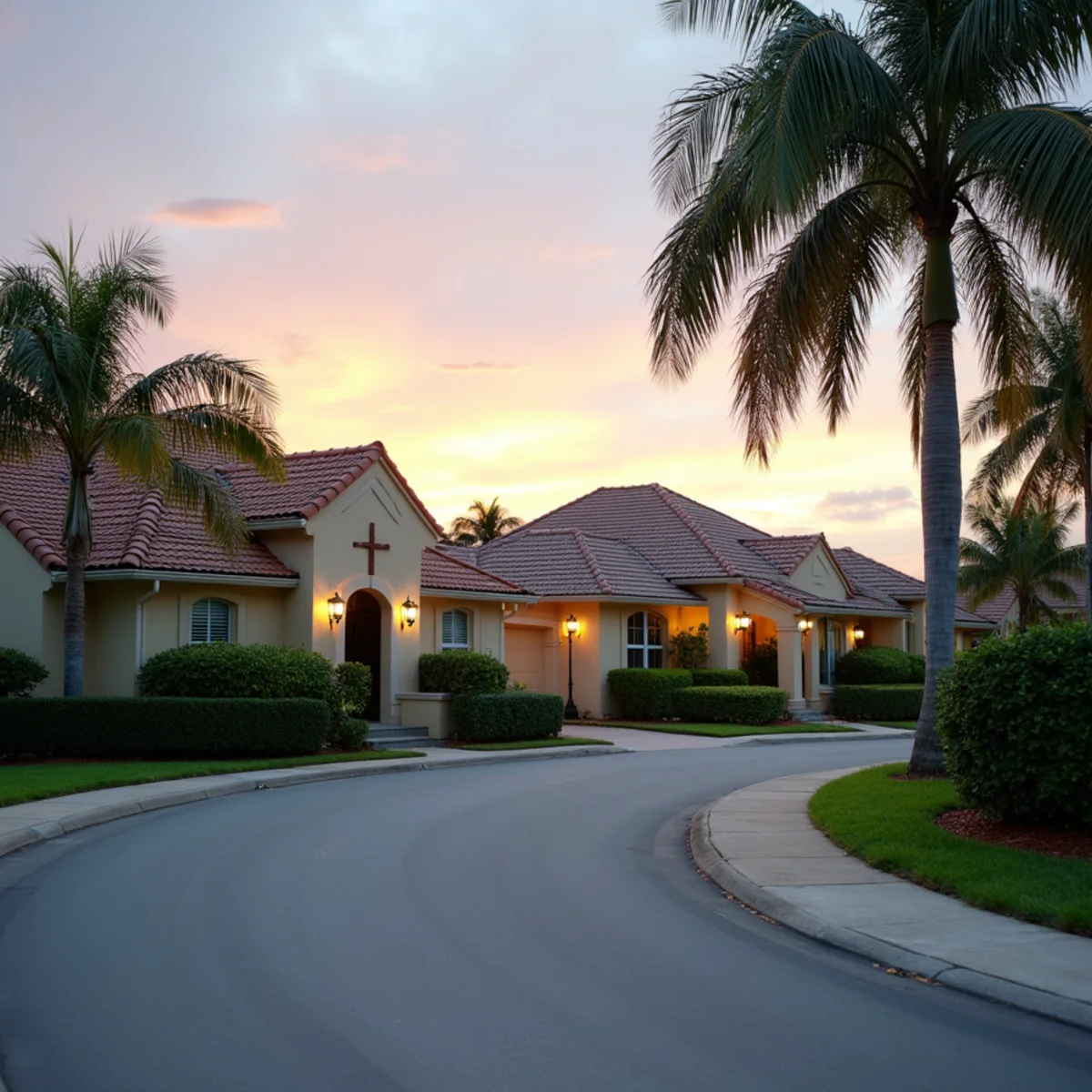 1970s homes with concrete tile and shingle roofs on a curving Boca Del Mar, FL street
