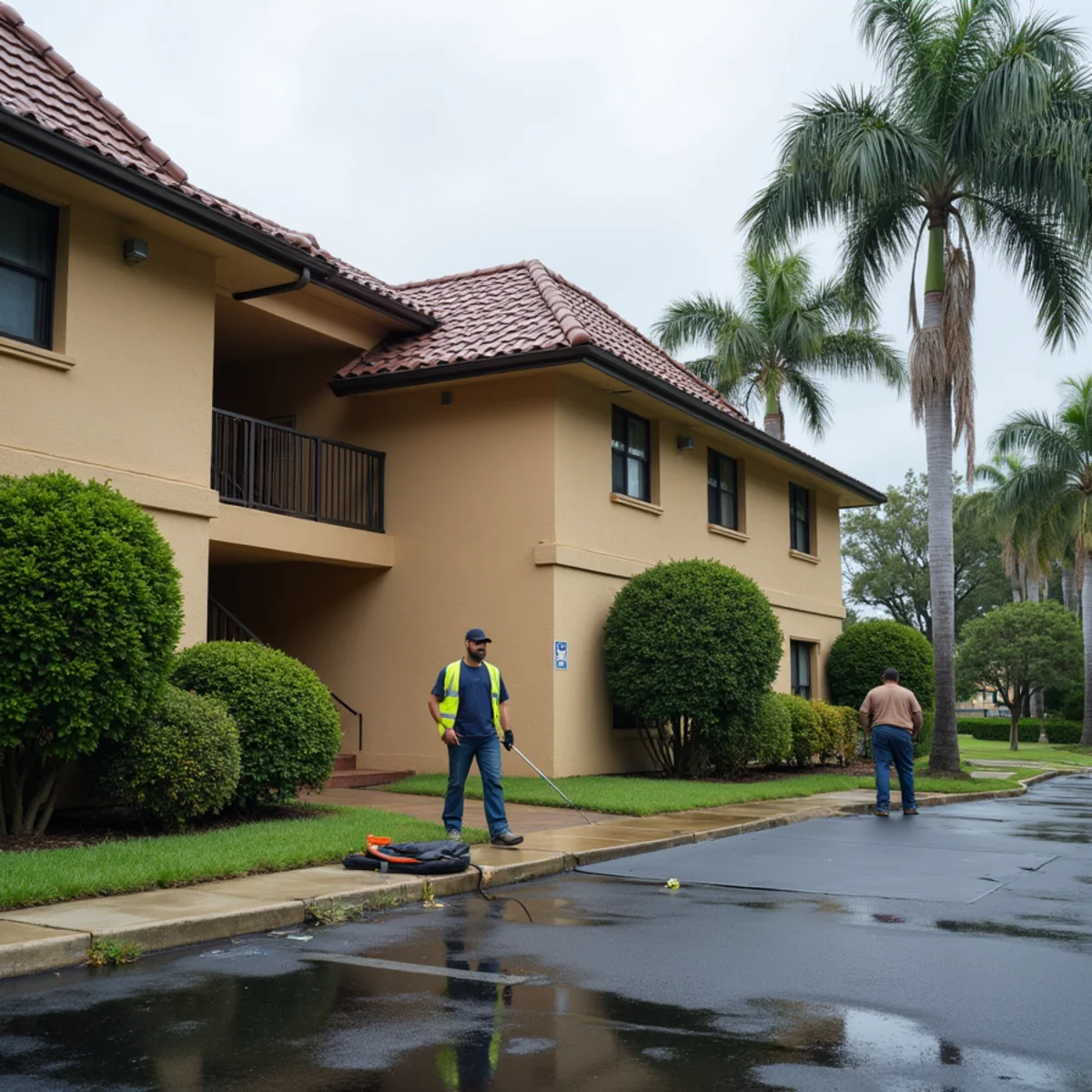 Roofer repairing a flat roof section on a 1970s two-story condo building in Boca Del Mar