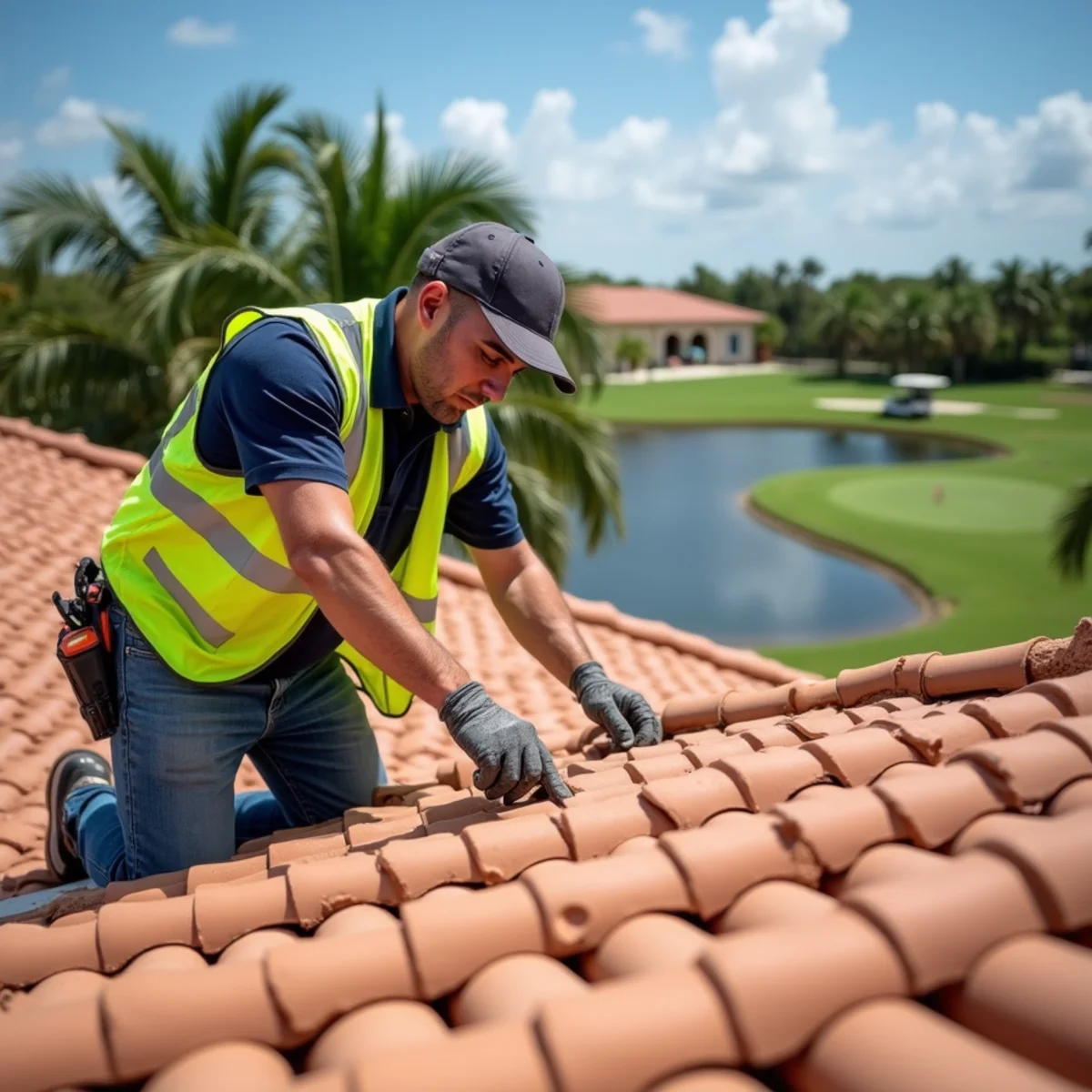 Roofer resetting hip tiles on a golf-course home in the gated Boca Pointe community