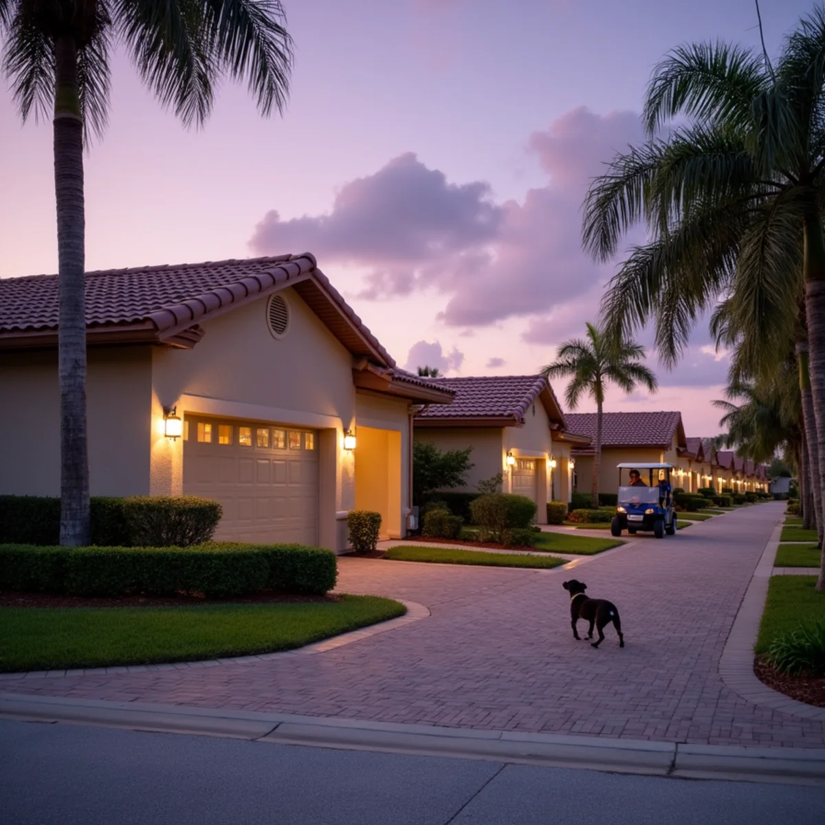 Single-story homes with concrete barrel tile roofs in a west Boynton Beach, FL community