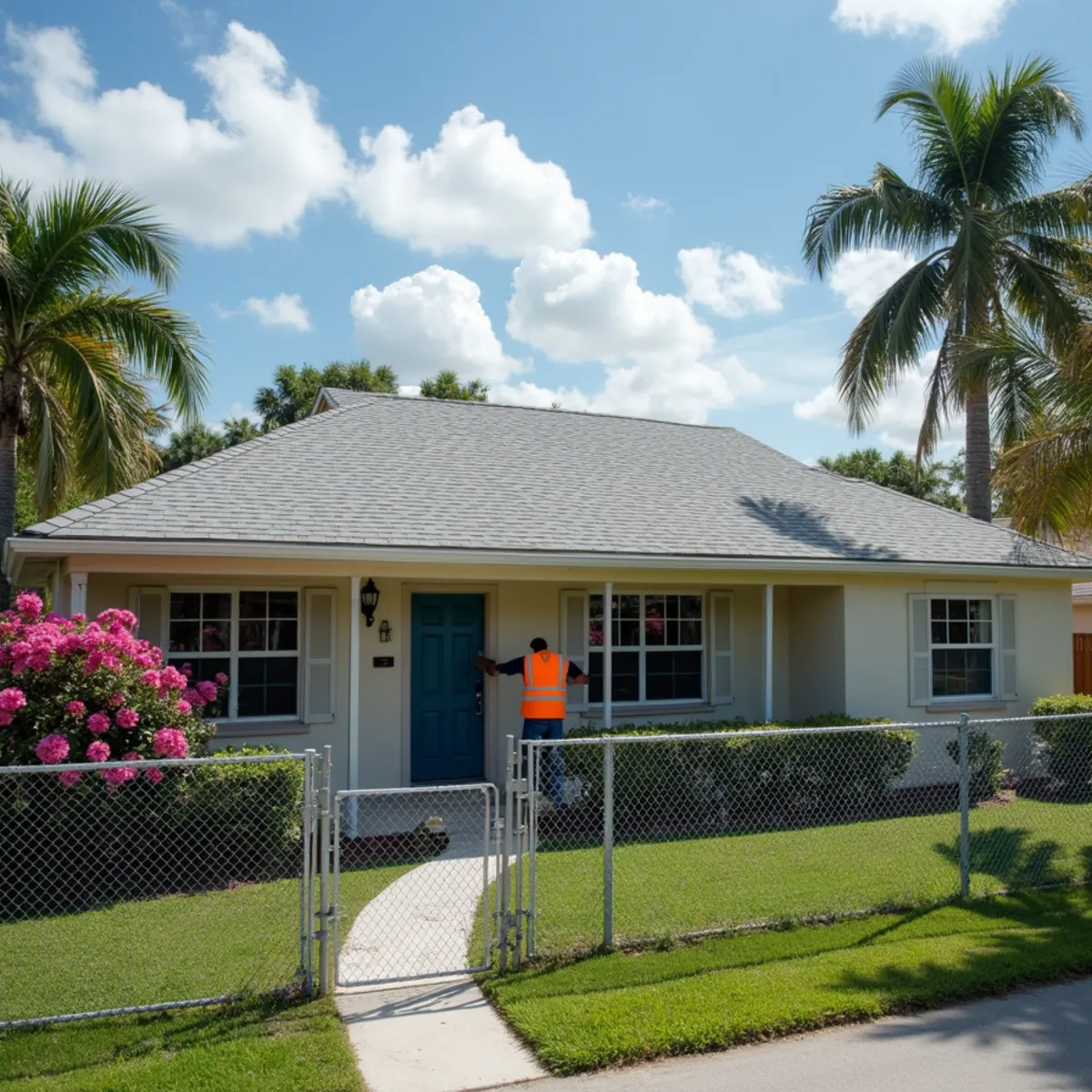 Roofer repairing a flat porch roof on a 1970s ranch home in Boynton Beach