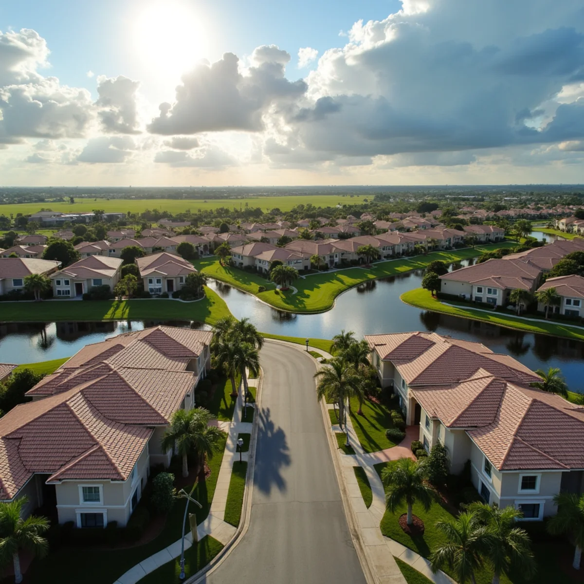 Master-planned subdivision with rows of concrete tile roofs in north Broward County, FL