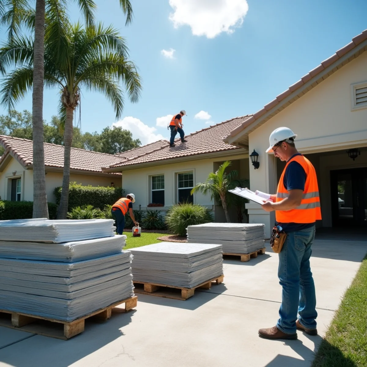 Roofer checking HVHZ product approval labels on tile delivered to a Broward County job site