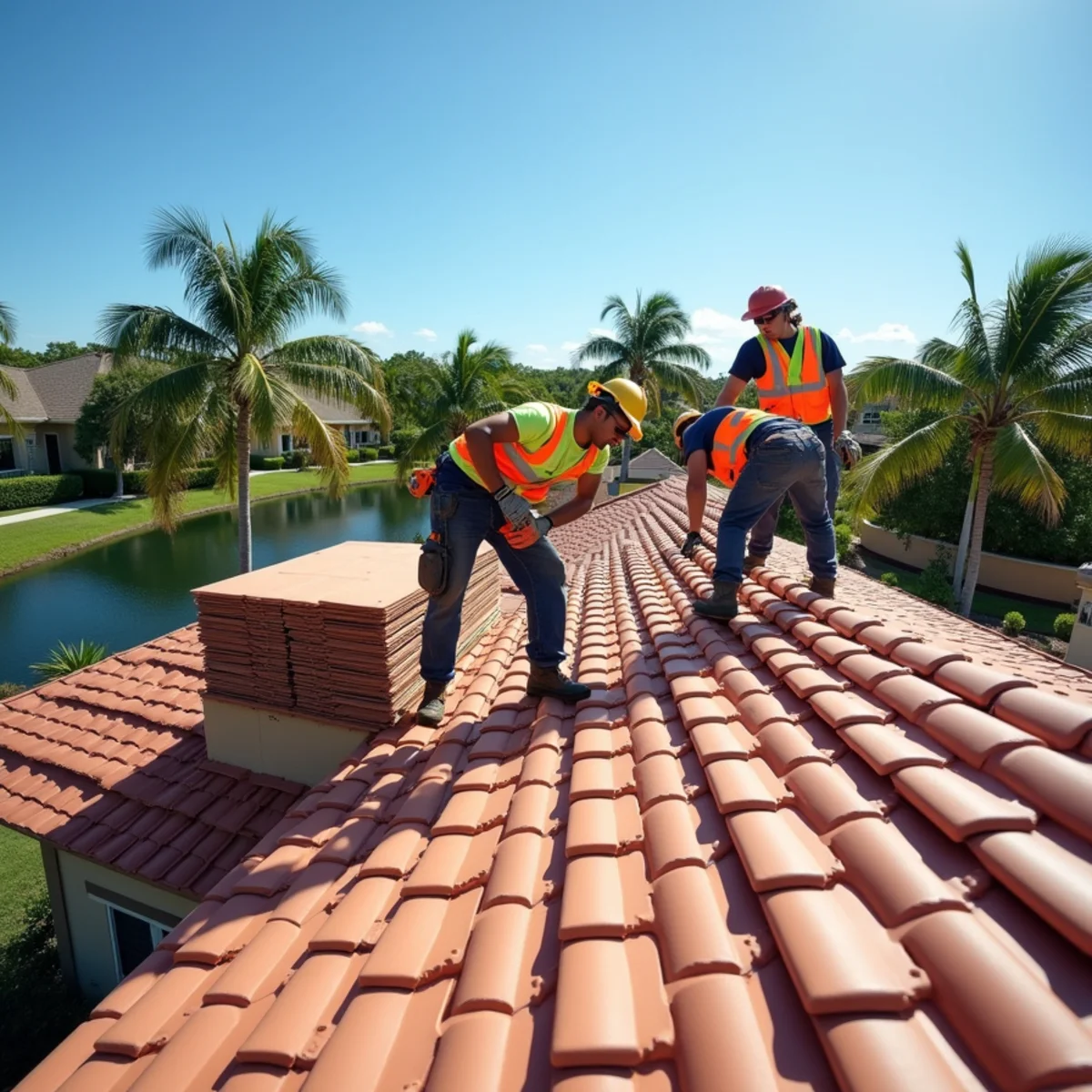 Roofing crew installing HVHZ-approved concrete tile on a home in Coconut Creek, FL