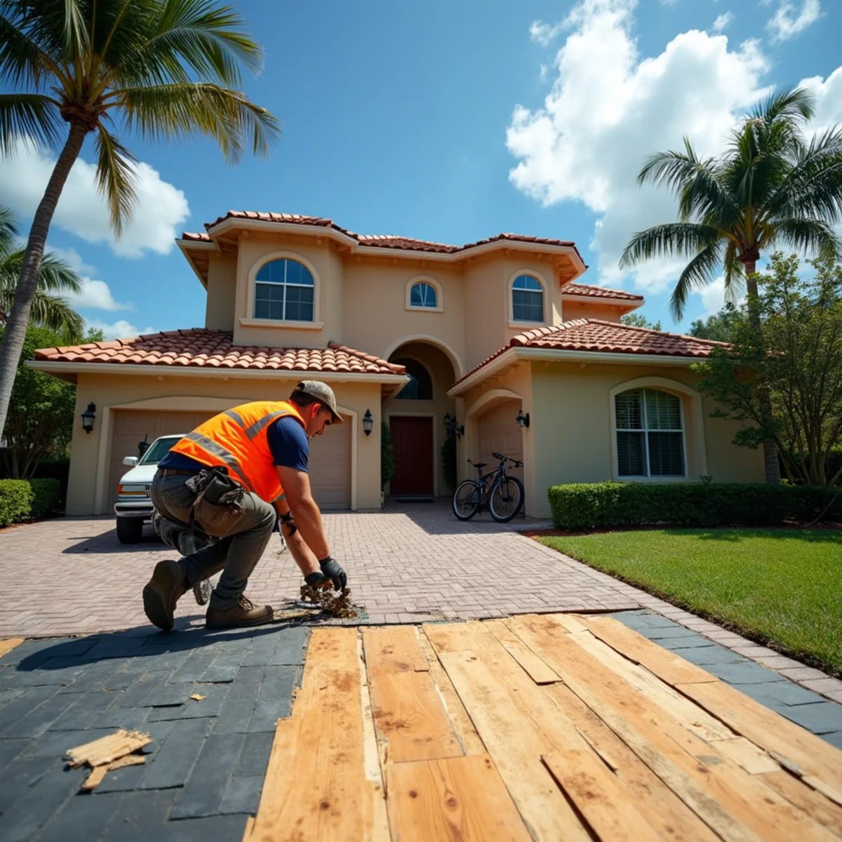 Roofer cutting new roof decking in the driveway of a Cooper City family home