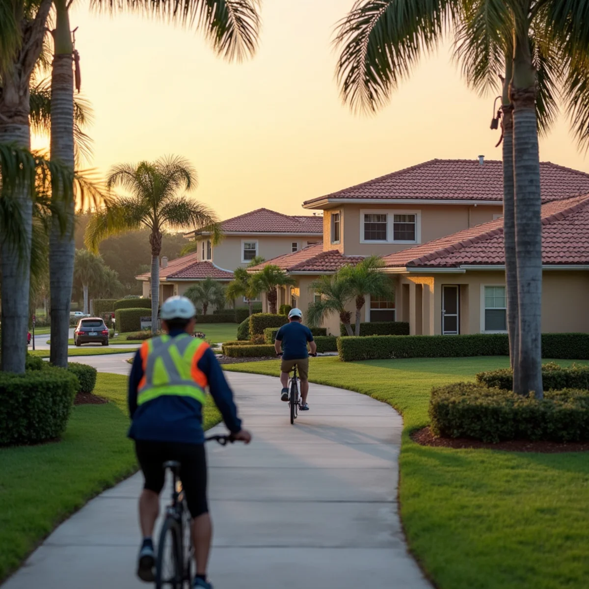 1990s subdivision homes with concrete tile roofs beside a lake in Davie, FL