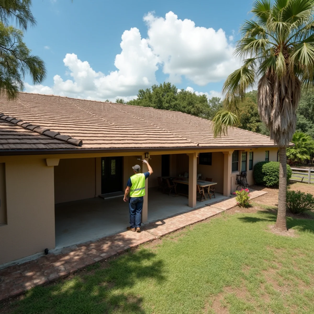 Roofer inspecting a shingle ranch home and covered patio on a large lot in Davie