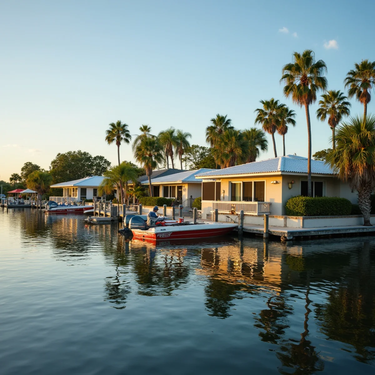Tile and shingle roofed homes along the Lake Ida shoreline in Delray Beach, FL