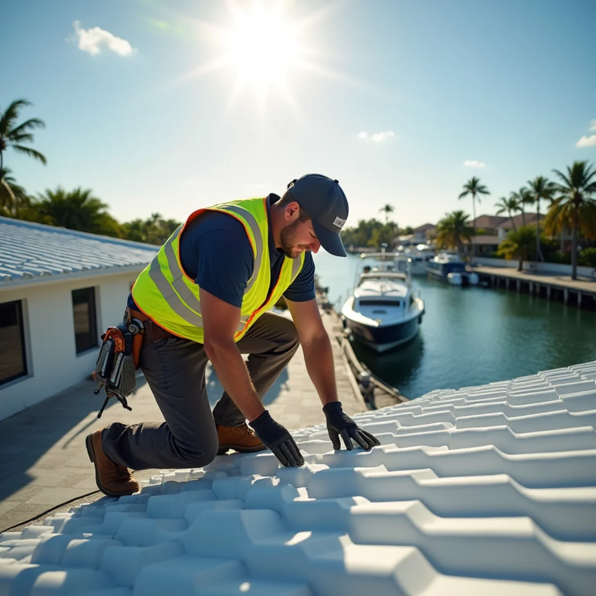 Roofer repairing flashing on a canal-front tile roof in Fort Lauderdale, FL
