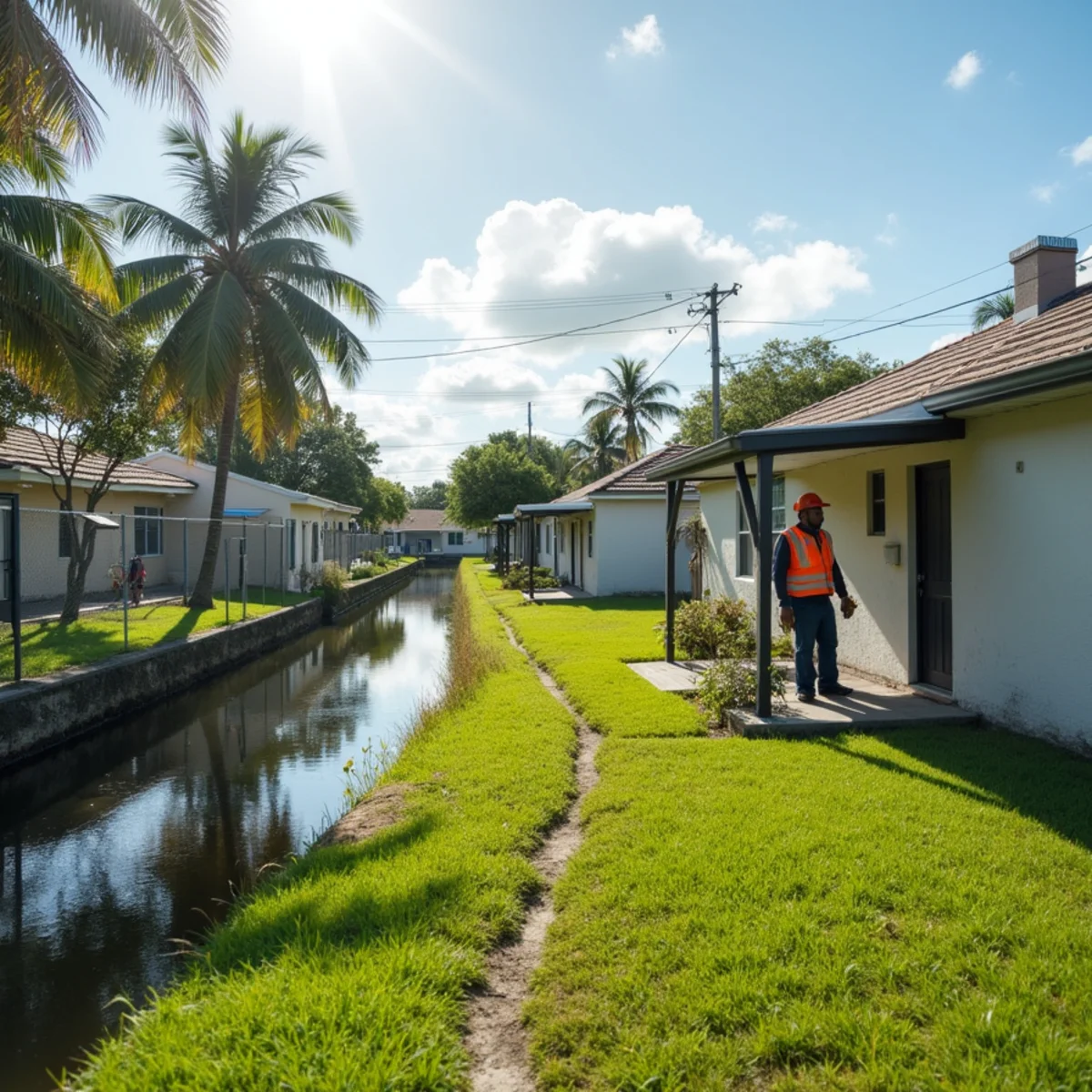 Modest block ranch homes and duplexes with shingle roofs along a canal in Greenacres, FL
