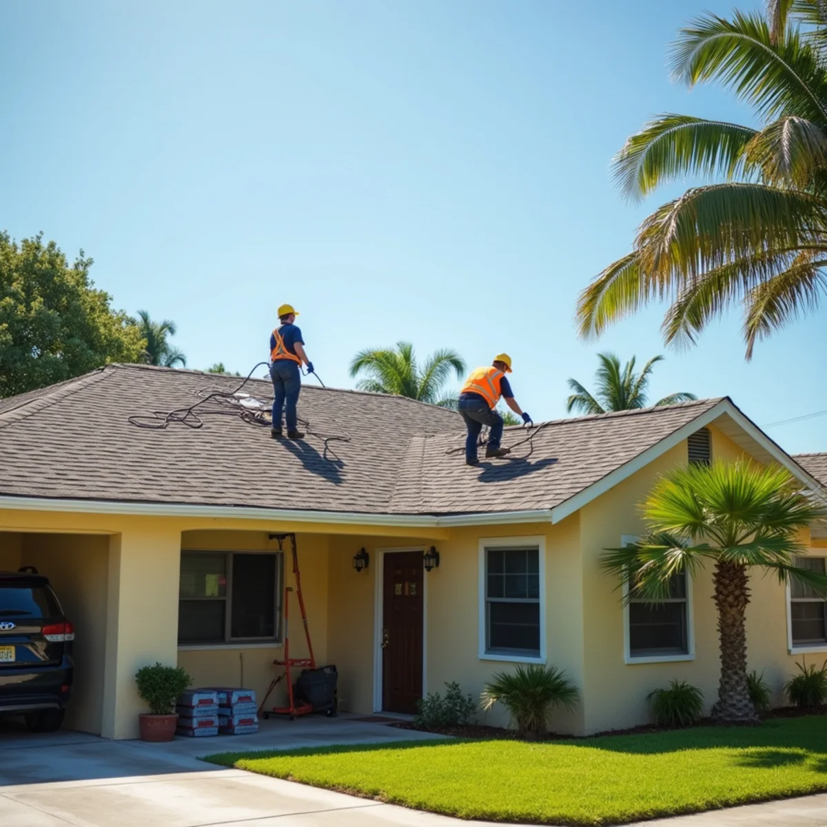 Roofer replacing asphalt shingles on a single-story block home in Greenacres, FL