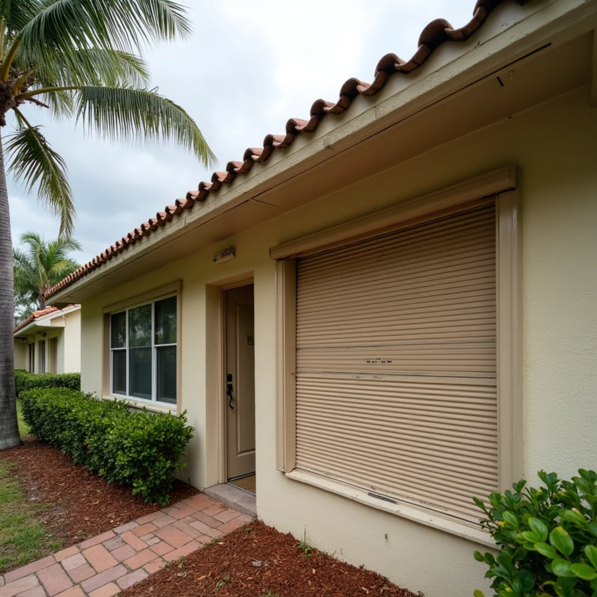 Concrete barrel tile villa roof with summer shutters closed, Hamptons at Boca Raton, FL