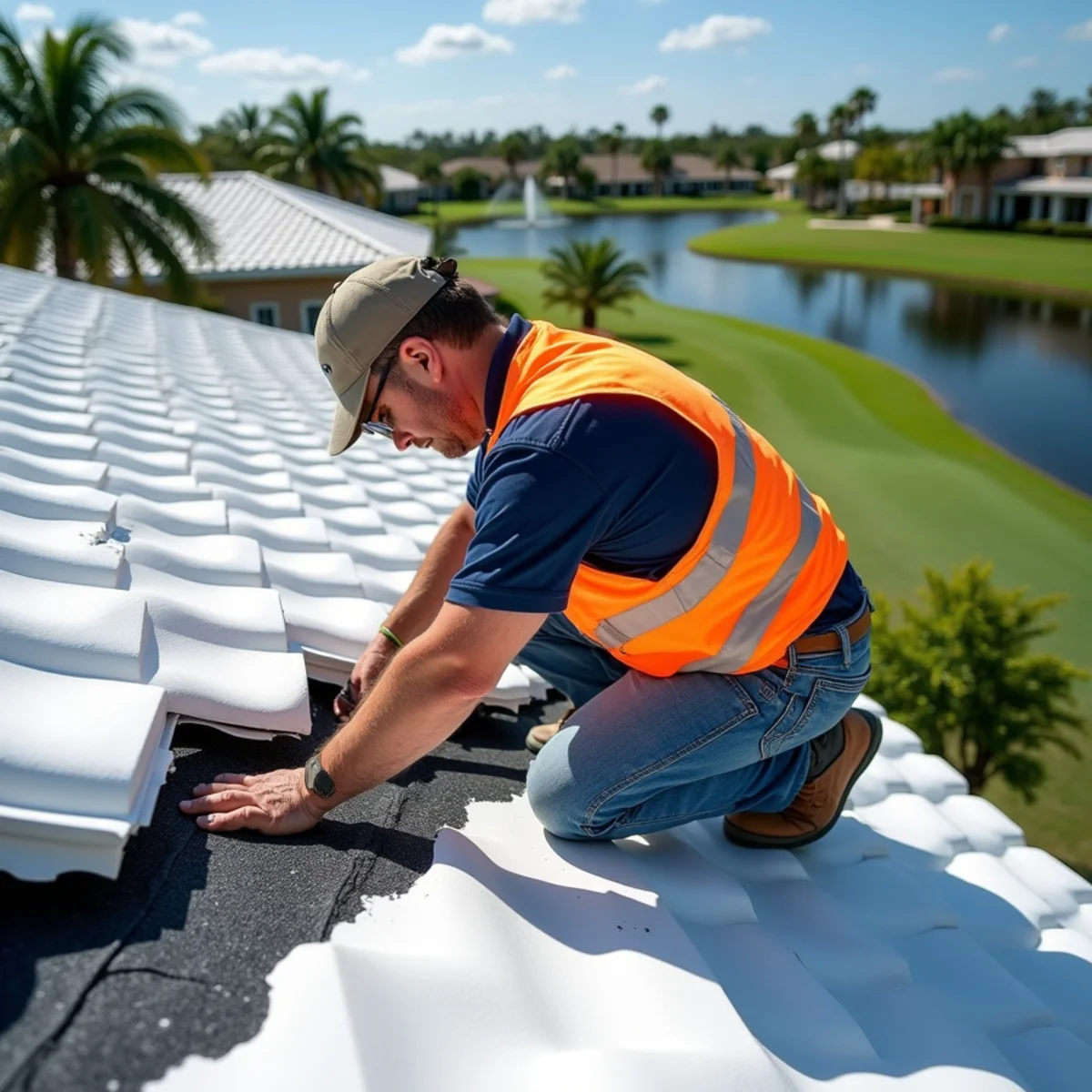 Roofer lifting concrete tiles to check underlayment on a villa in the Hamptons at Boca Raton