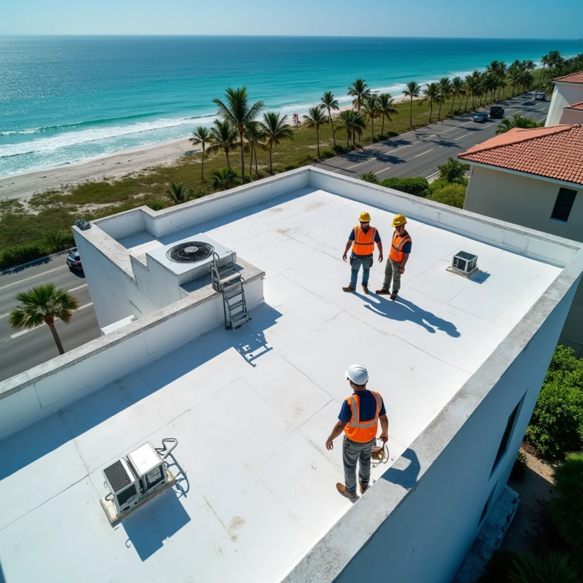 Roofers resealing parapet flashing on a Highland Beach oceanfront condo roof above A1A